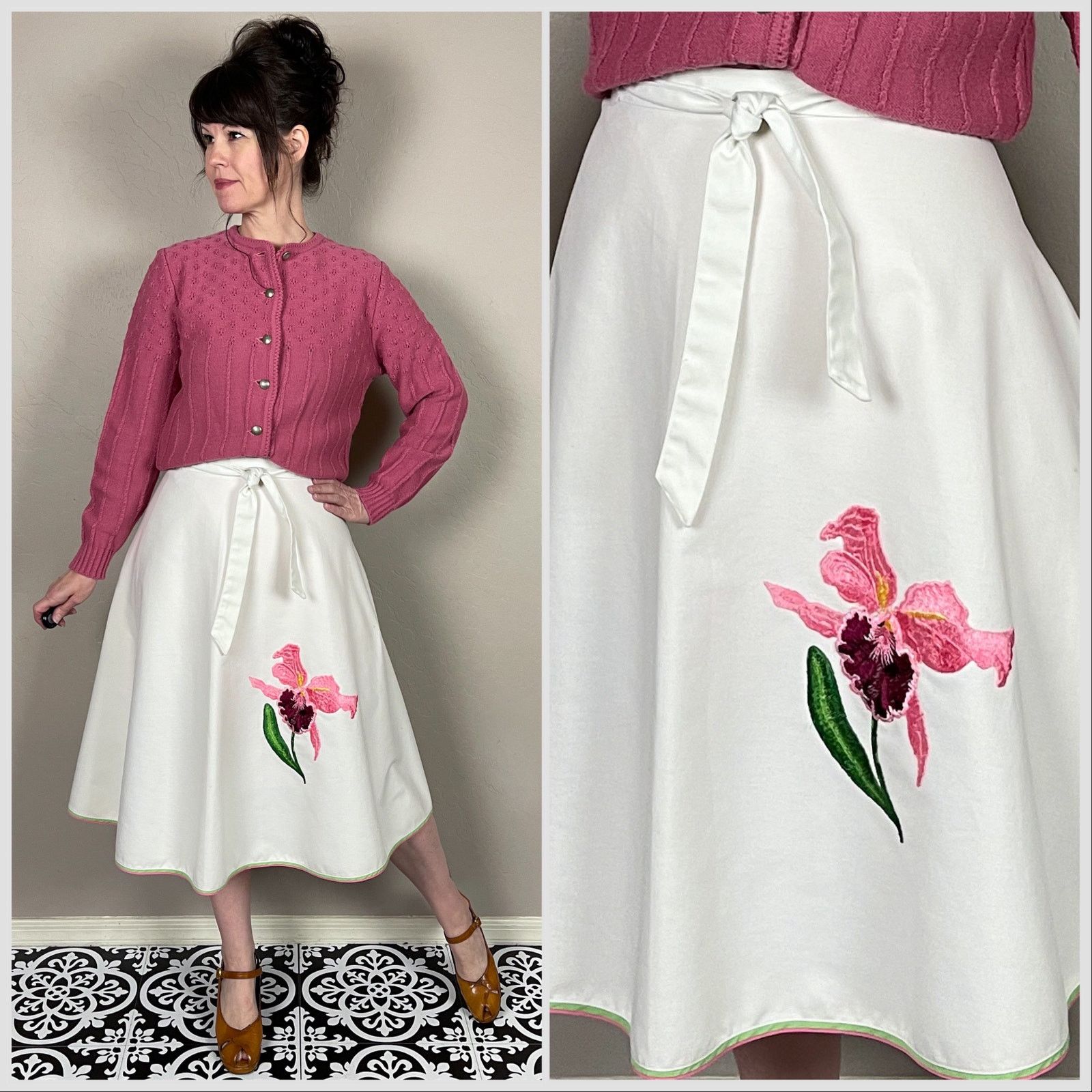 Vintage 1970S White Embroidered Iris Midi Wrap Skirt, Women's (Size 28)