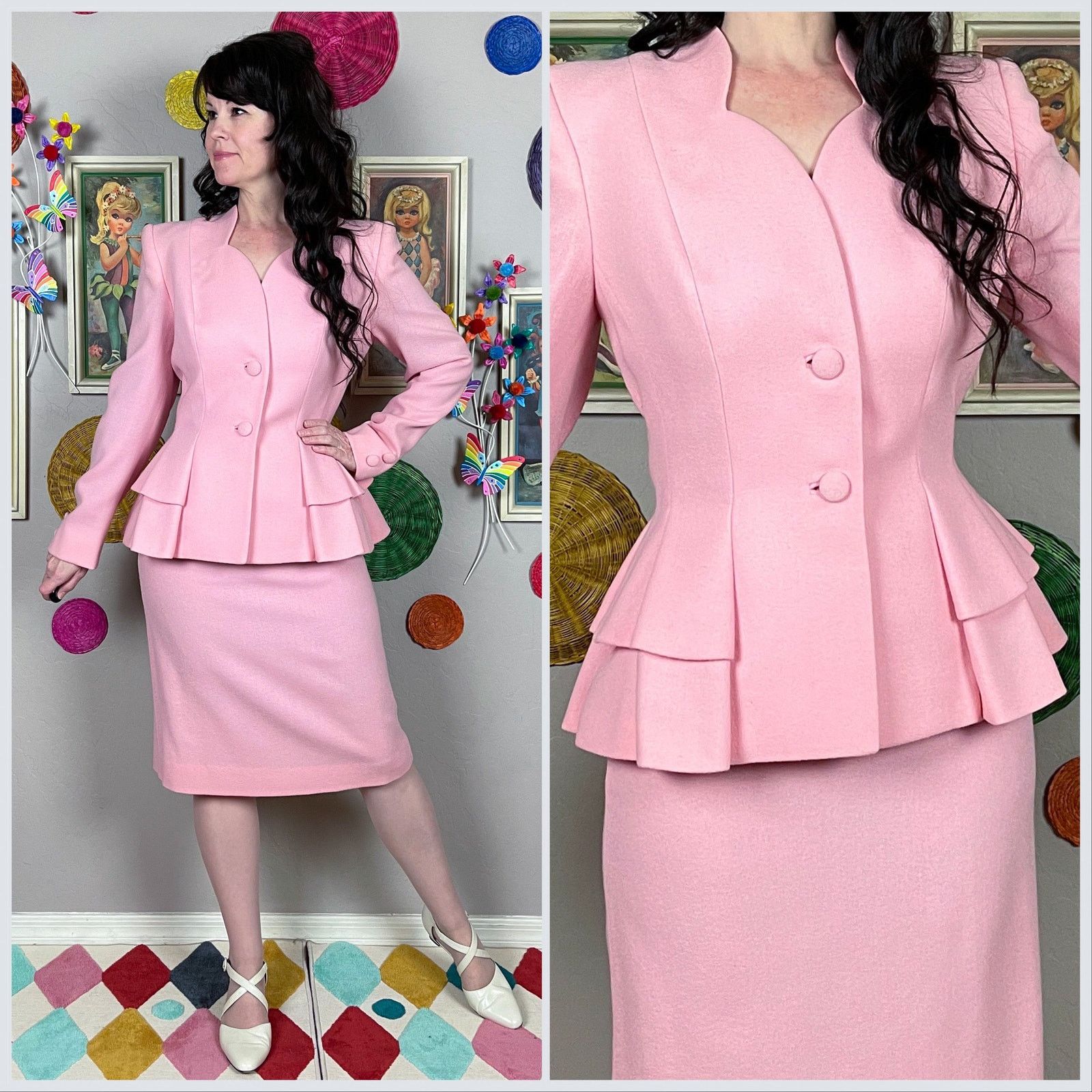 Vintage 1980S Pink Lilli Ann Peplum Jacket And Skirt Suit Set, Women's (Size 26)