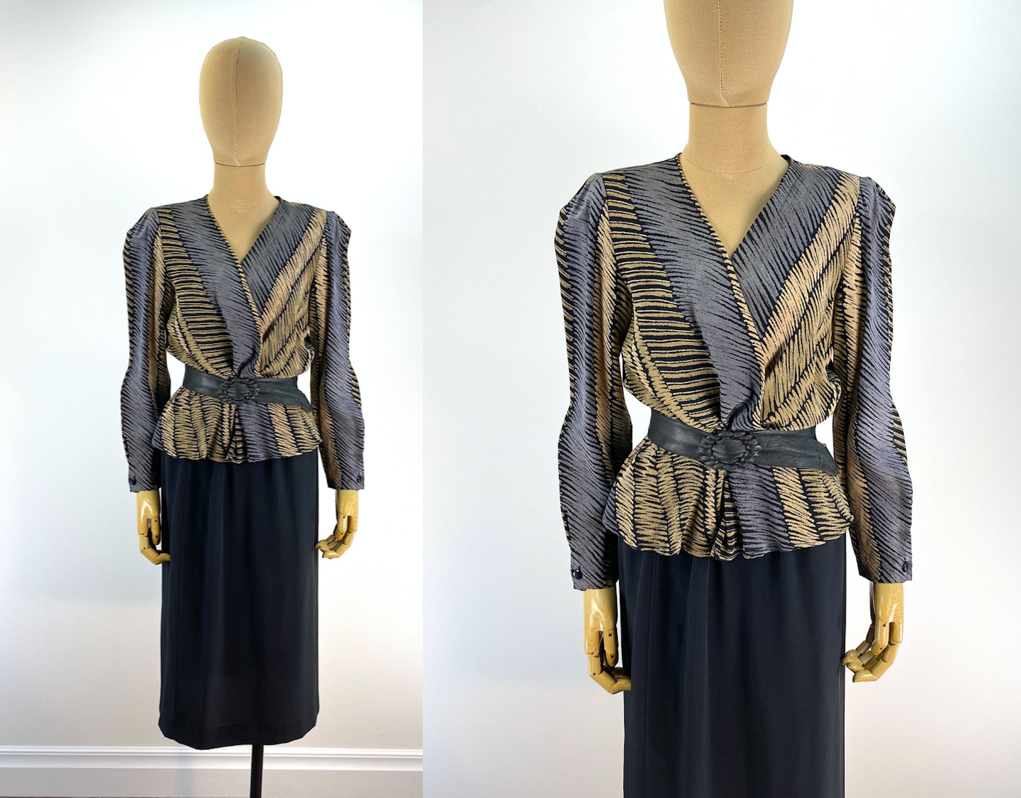 Vintage 1980S Secretary Dress, Blouse With Surplice Neckline & Peplum, Straight Black Skirt. Does 1940S. Bold Shoulder. Size 8