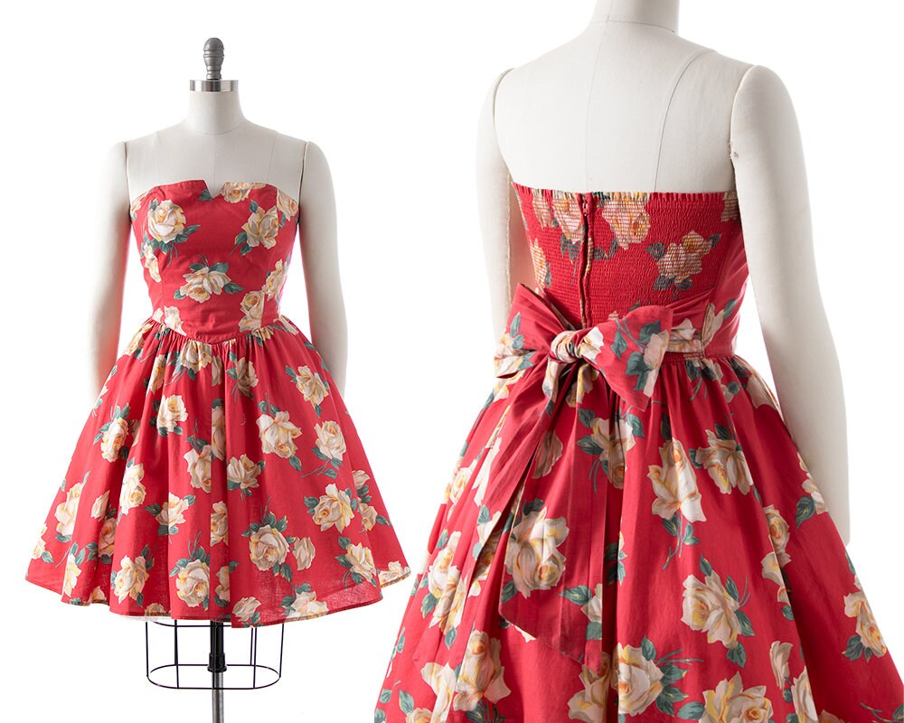 Vintage 1980S Sundress | 80S Rose Floral Printed Cotton Red Strapless Smocked Circle Skirt Belted Skater Dress | Small/Medium