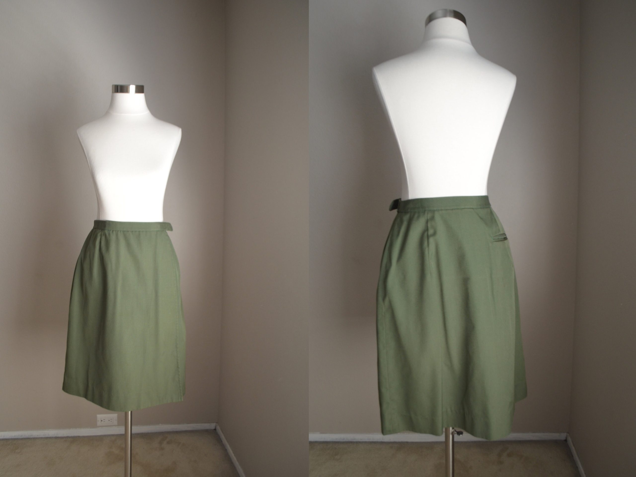 Vintage 70S Olive Green Wrap Velcro Knee Length Skirt - 26/27