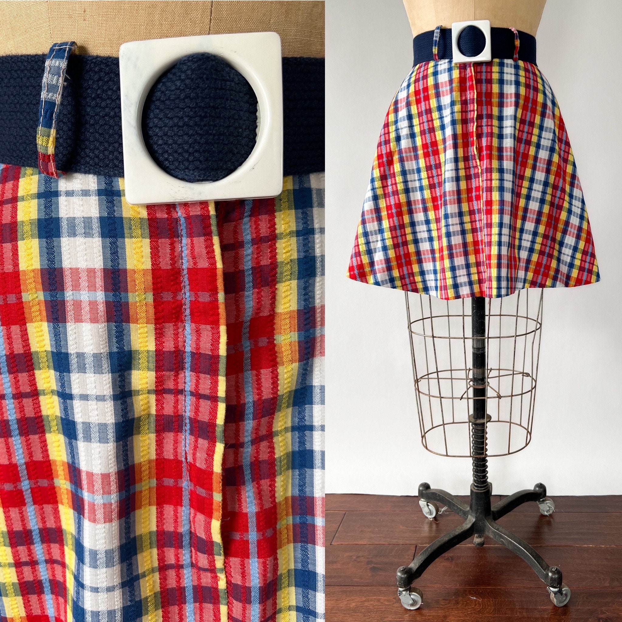 Vintage 70S Skirt, 1970S Plaid Seersucker Mini Skater Red Blue Yellow Full Mod Belt Buckle, Extra Small, W24 W25