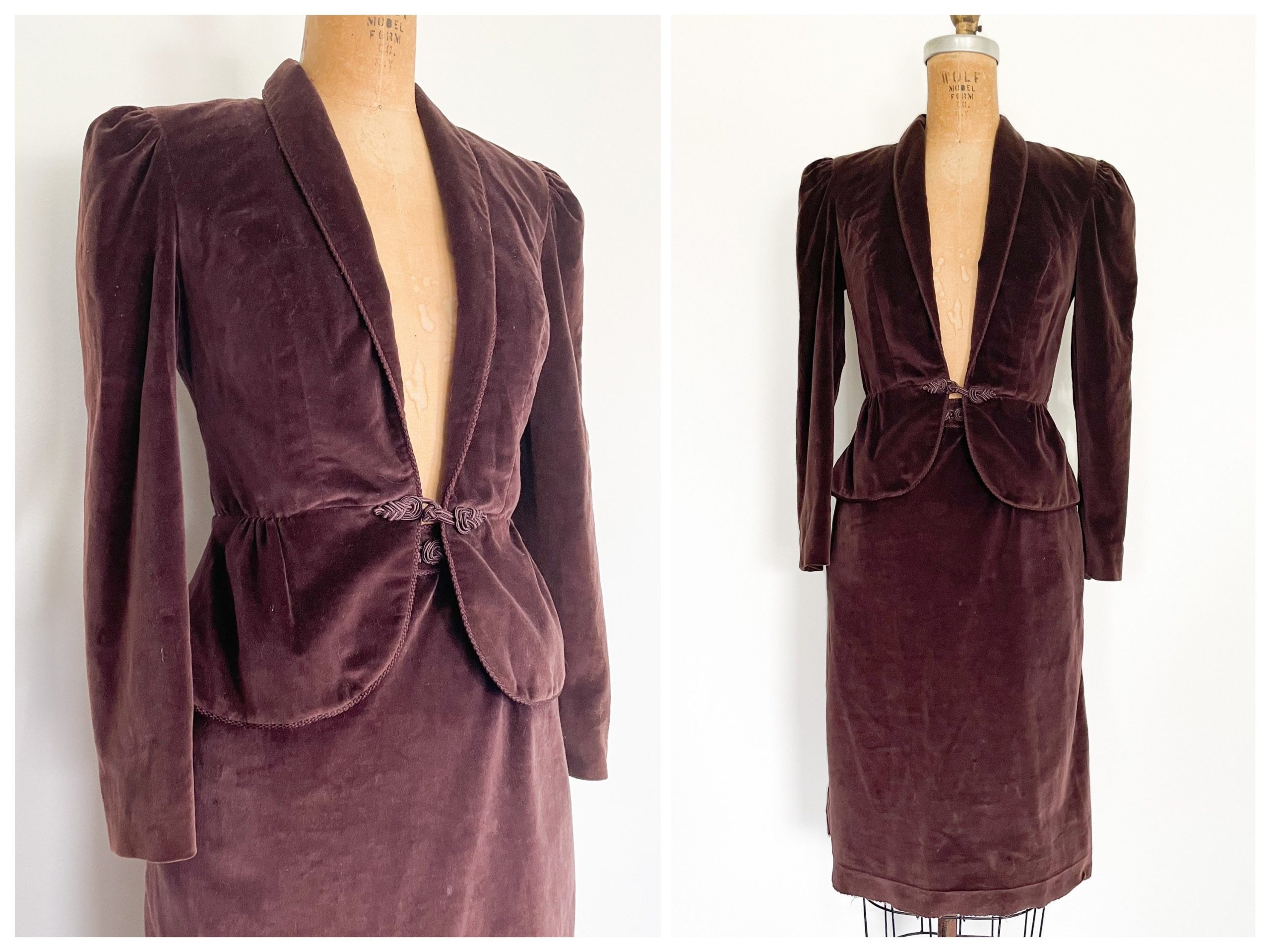 Vintage Early "80S Eggplant Velvet Fitted Suit, Skirt & Peplum Blazer | As Is With Hem Needing Repair, Eighties Costume, Tiny Fit, Xxs