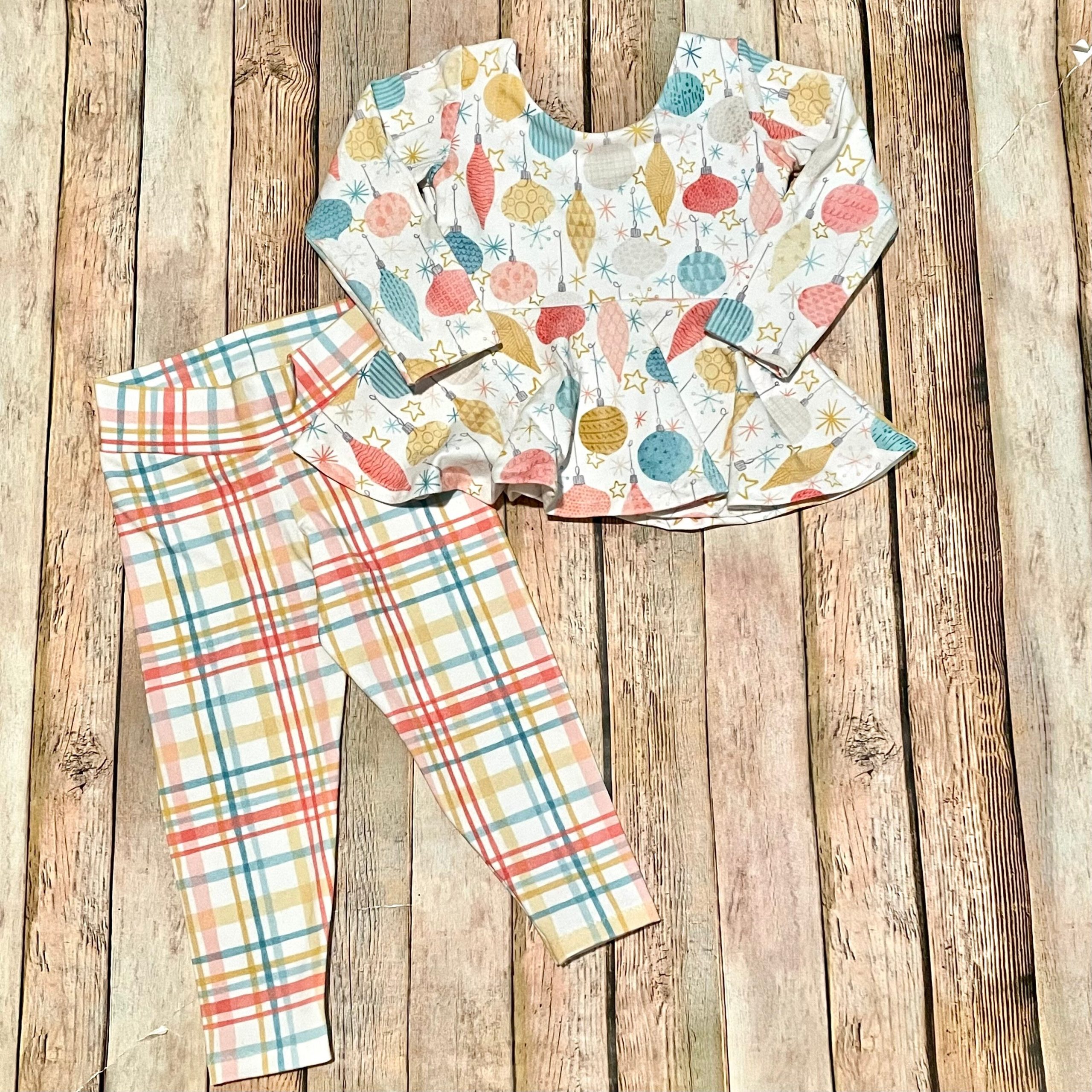 Vintage Inspired Ornament Print Peplum & Plaid Leggings Set - Long Sleeve Baby Toddler Children's Skirted Ruffle Shirt - Pink, Yellow, Aqua