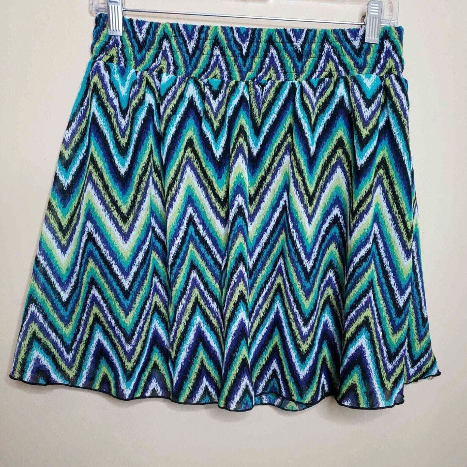 Vintage Maurices Skater Skirt Women's M Medium Green White Chevron Flowy Layered Usa (Size 32)