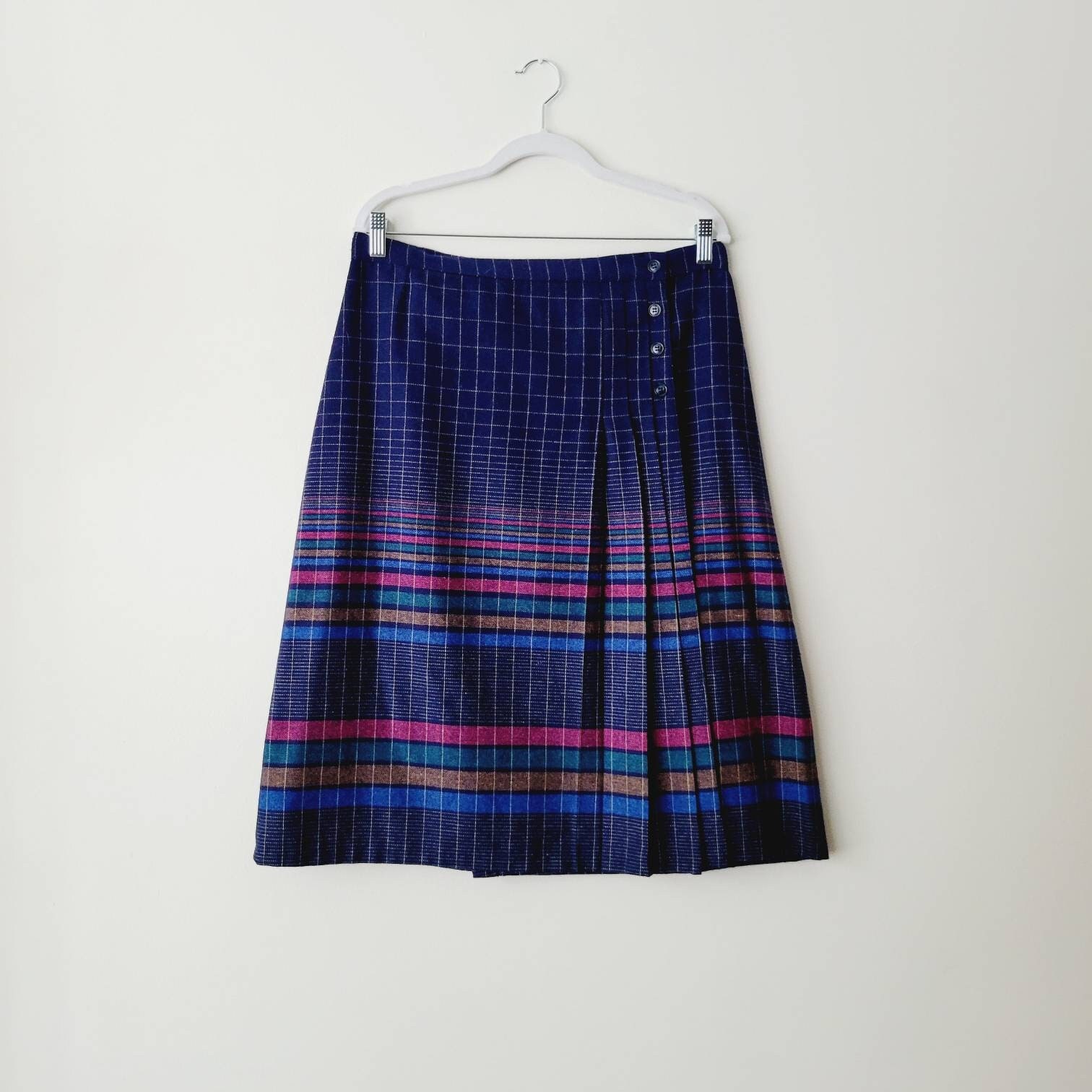 Vintage Navy Blue Striped Pleated Wrap Skirt. Dark Academia Aesthetic Wool Schoolgirl Mod Grid Muted Stripes Asymmetric Skirt