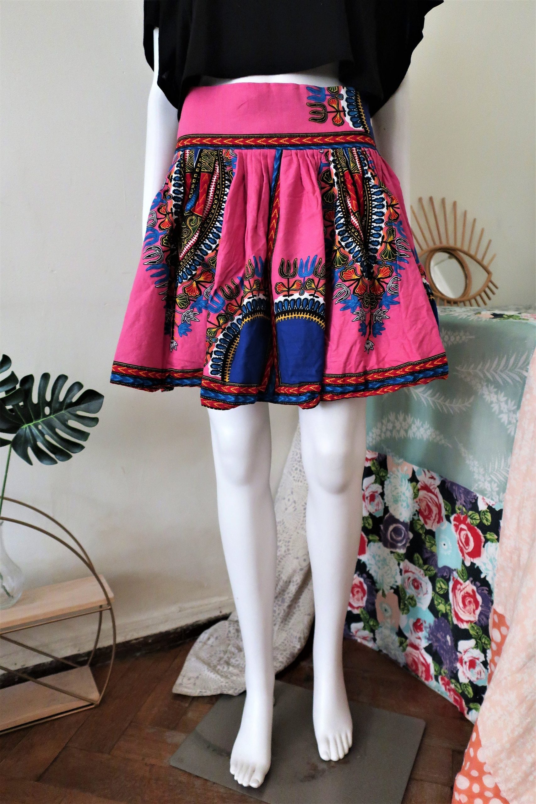 Vintage Pink Folklore Cotton Skater Skirt With Ornamental Pattern 1990S 90S 2000S 00S