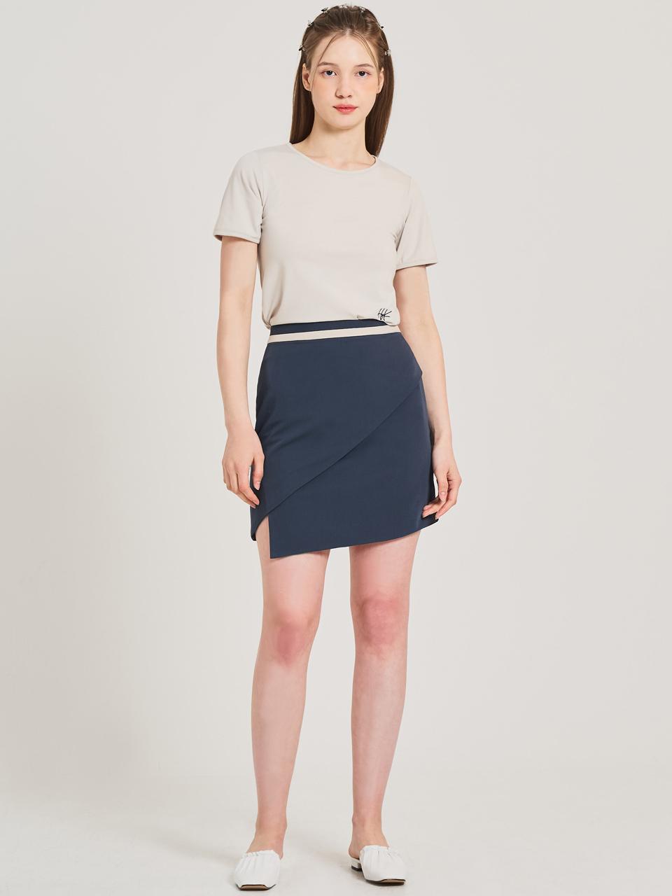 Wavy Wrap Midi Stretch Skirt [Navy]