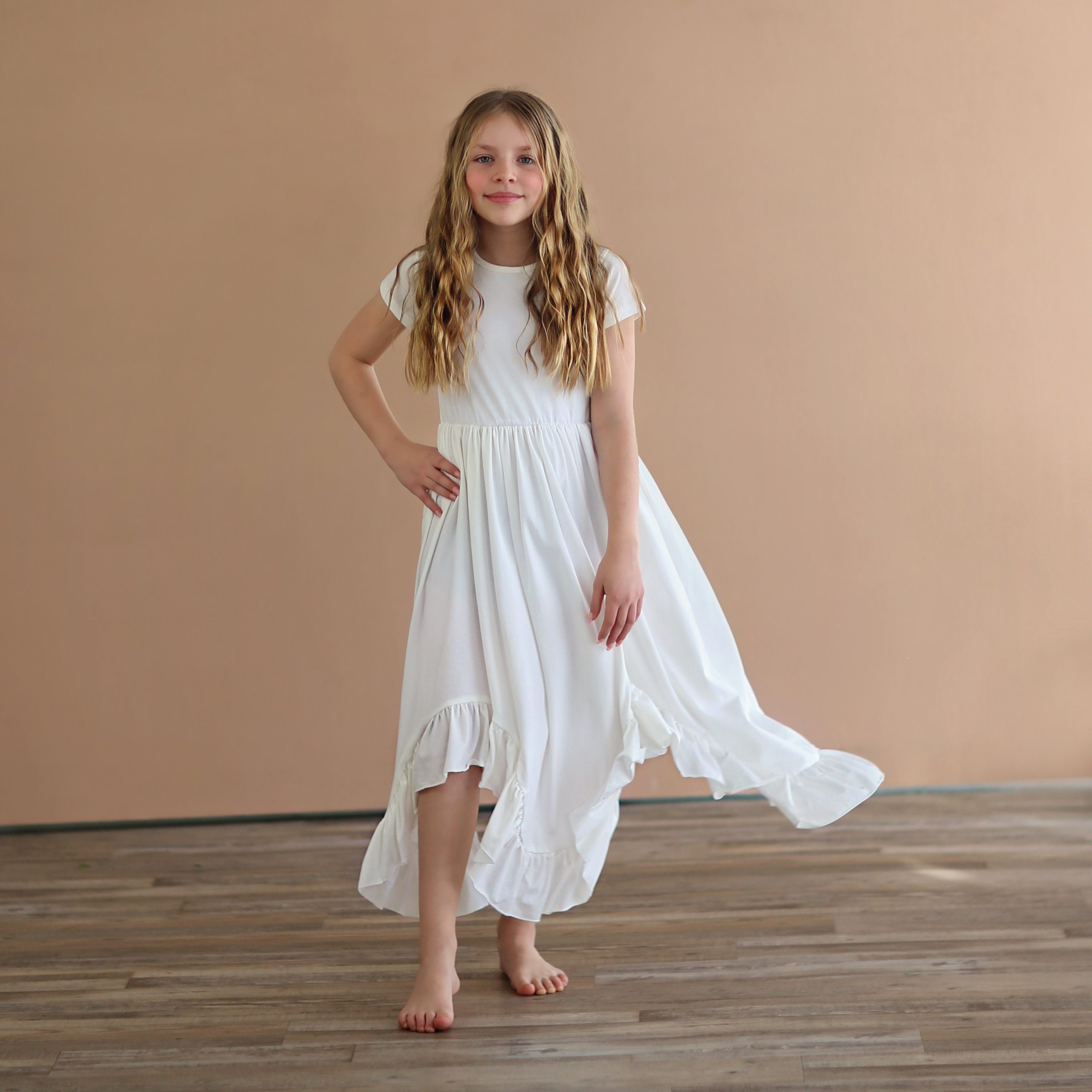 White Boho Ruffle Maxi Dress - Long Dress, High-Low Hem Full Skirt Dress