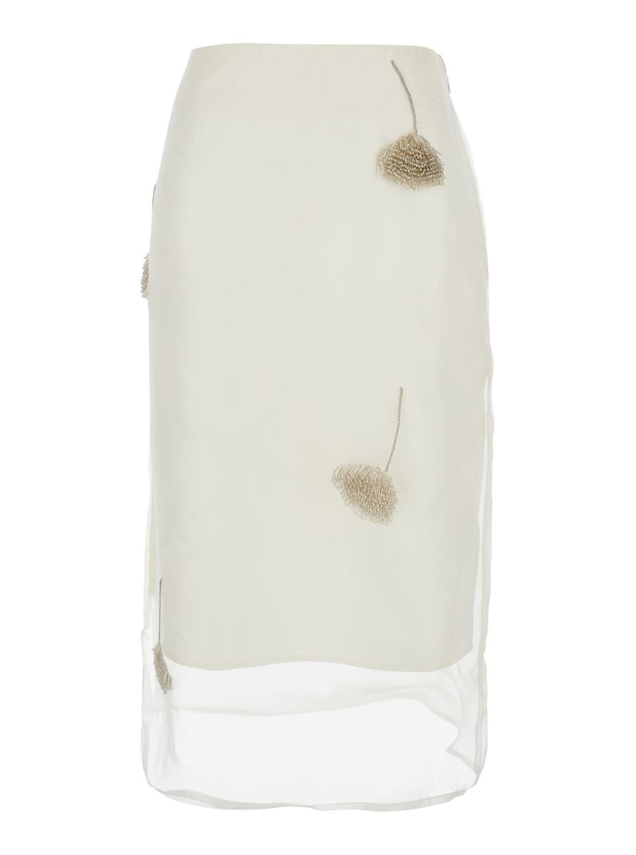 White Skirt With All-Over Tulip Embellishments In Silk Woman