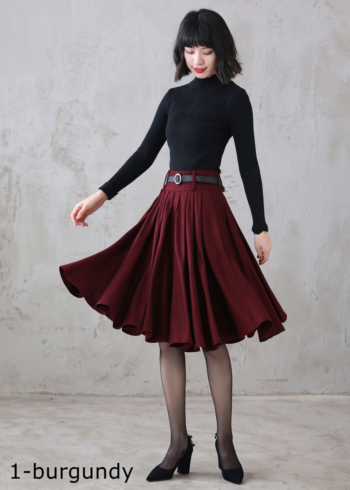 Winter Circle Wool Skirt, Midi High Waisted Swing A Line Pleated Full Skater Flared Skirt 3110