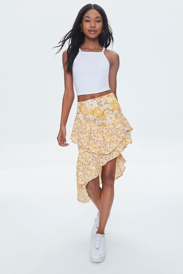 Women's Floral Print High-Low Skirt in Mustard Medium