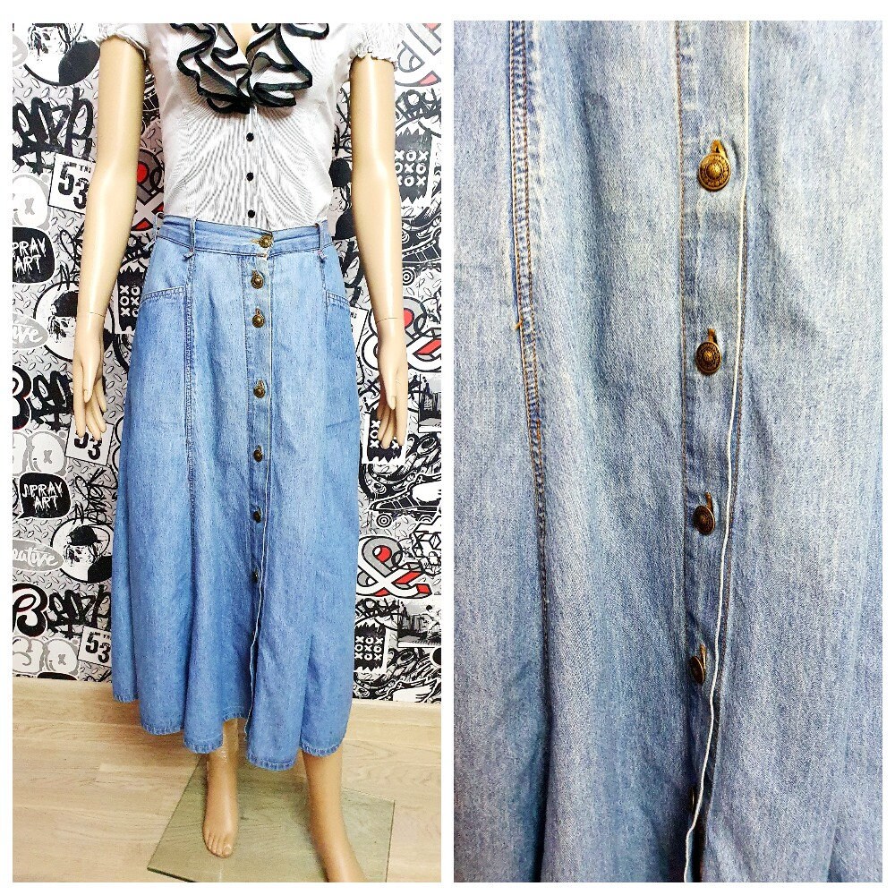 Womens Skirt Xl Button Up Long Denim Maxi Blue Vintage Skater Skirt Jeans