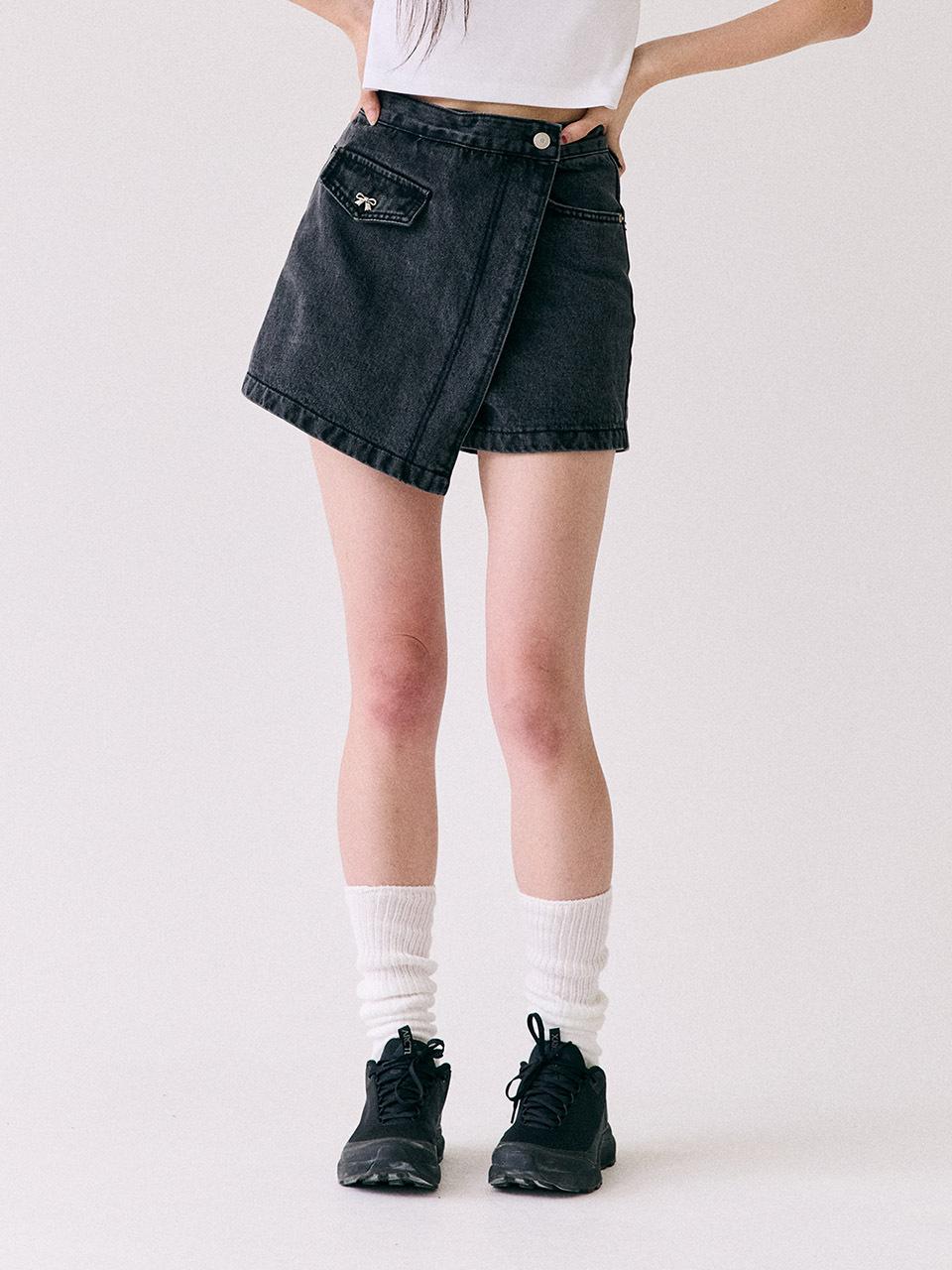 Wrap Hybrid Denim Skirt Pants [Washed Black]