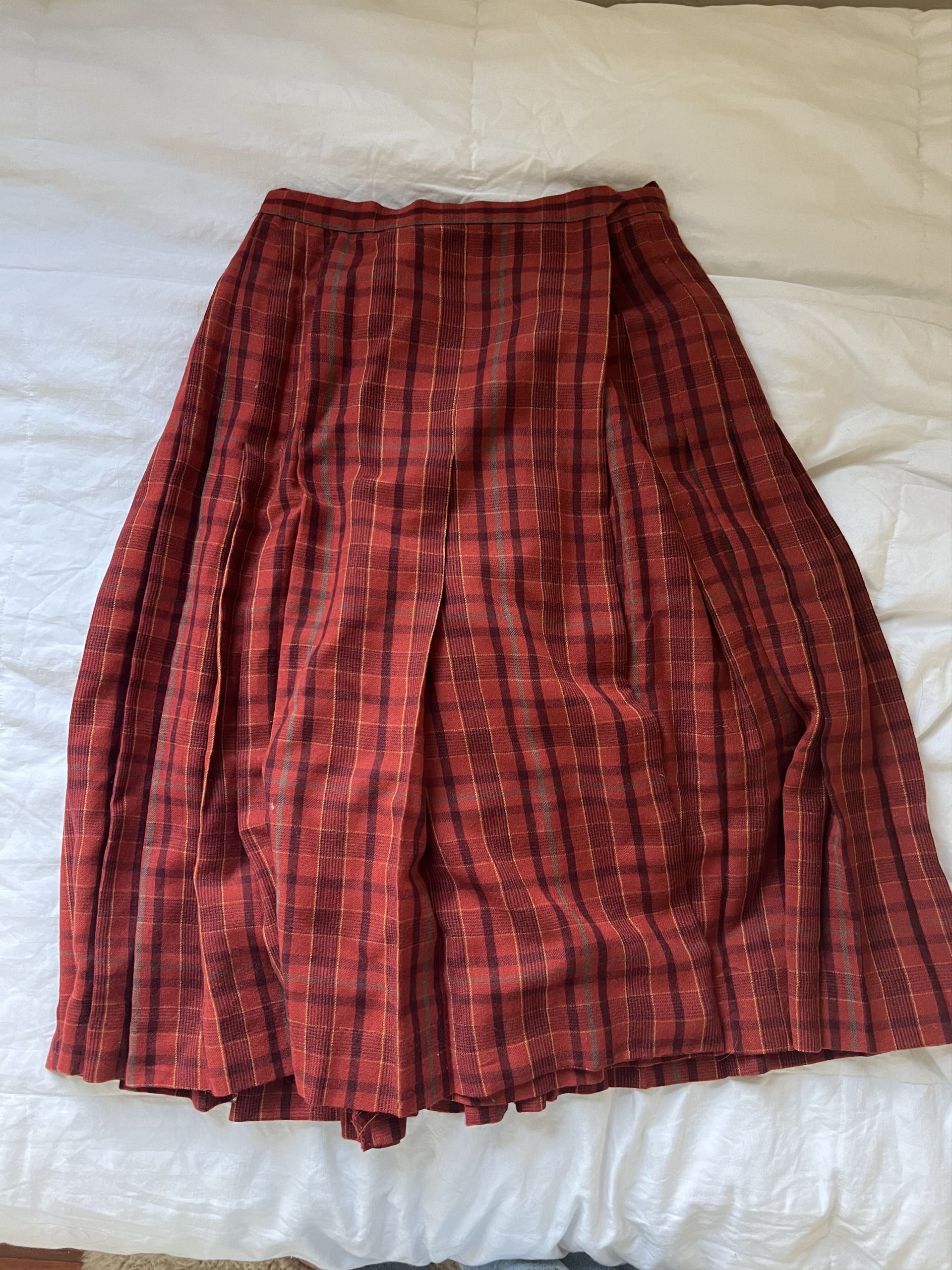 YVES Saint Laurent Vintage YSL Rive Gauche Wool Plaid Wrap Skirt in Red/Orange/Burgundy, Women's (Size 30)