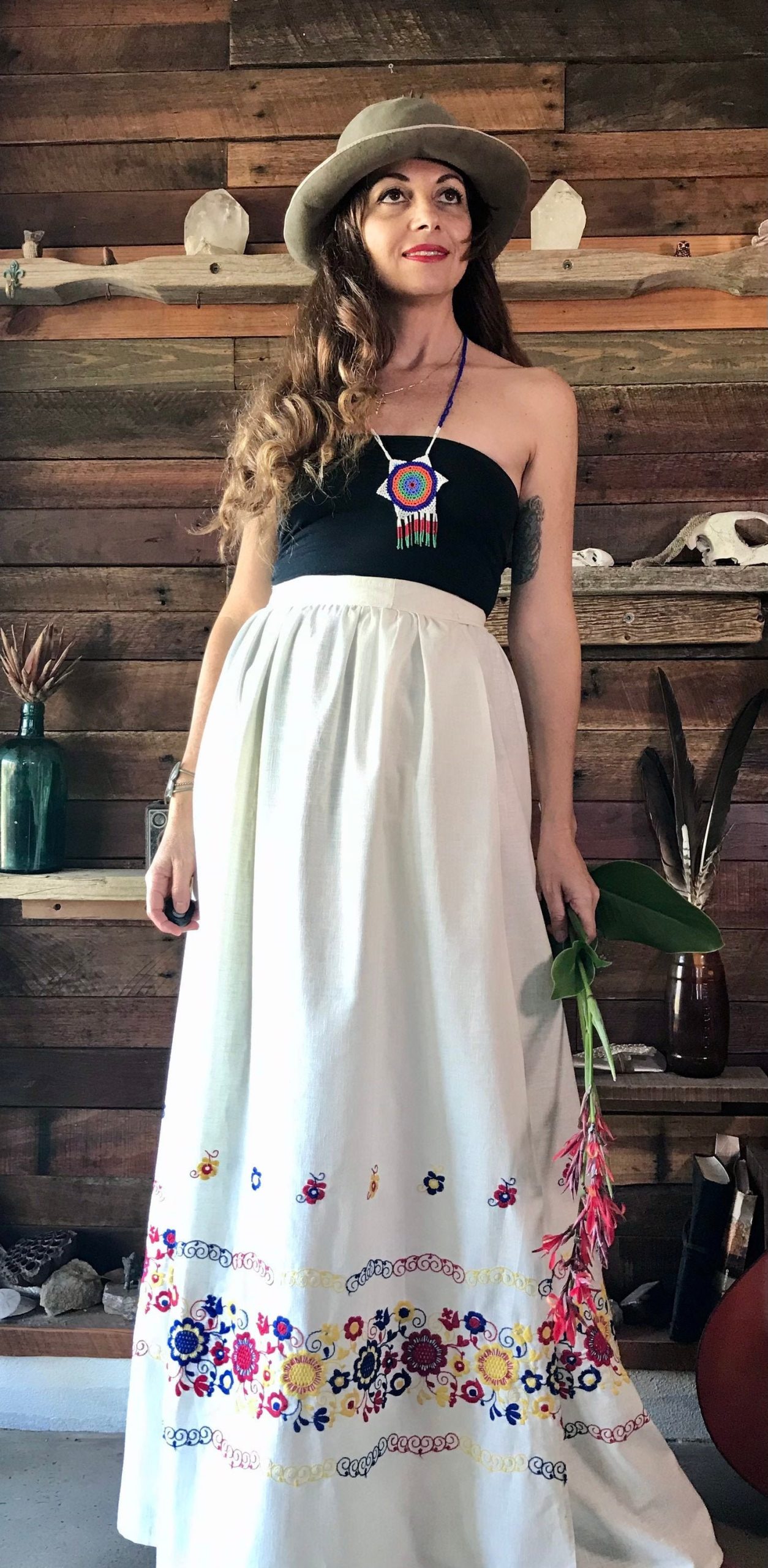 stunning 1960's Cream Cotton Embroidered Long Wrap Skirt