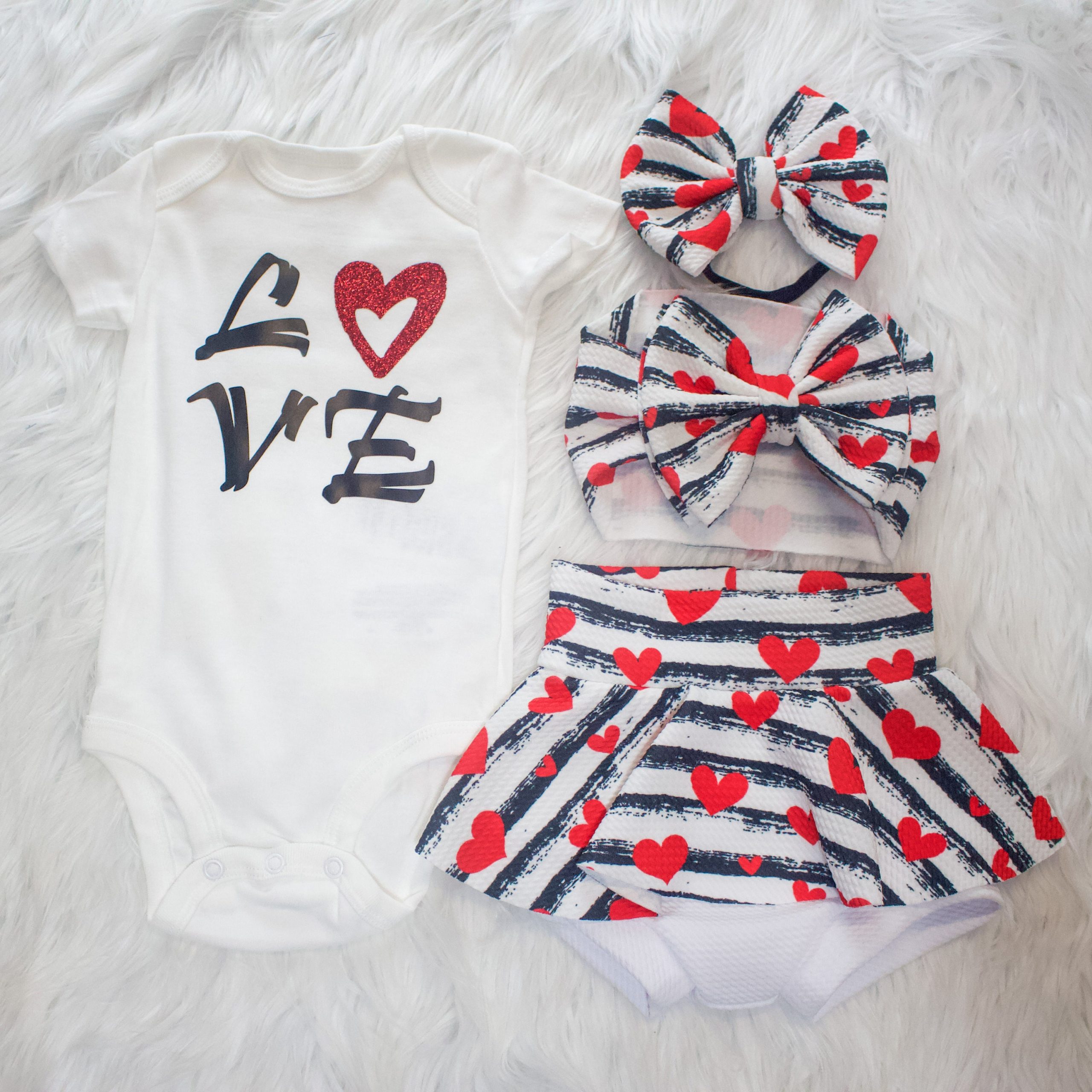 xoxo Hearts Skirted Bummies & Bow, Red Heart Skirt, Baby Shirt, Stripes Bummy Head Wrap