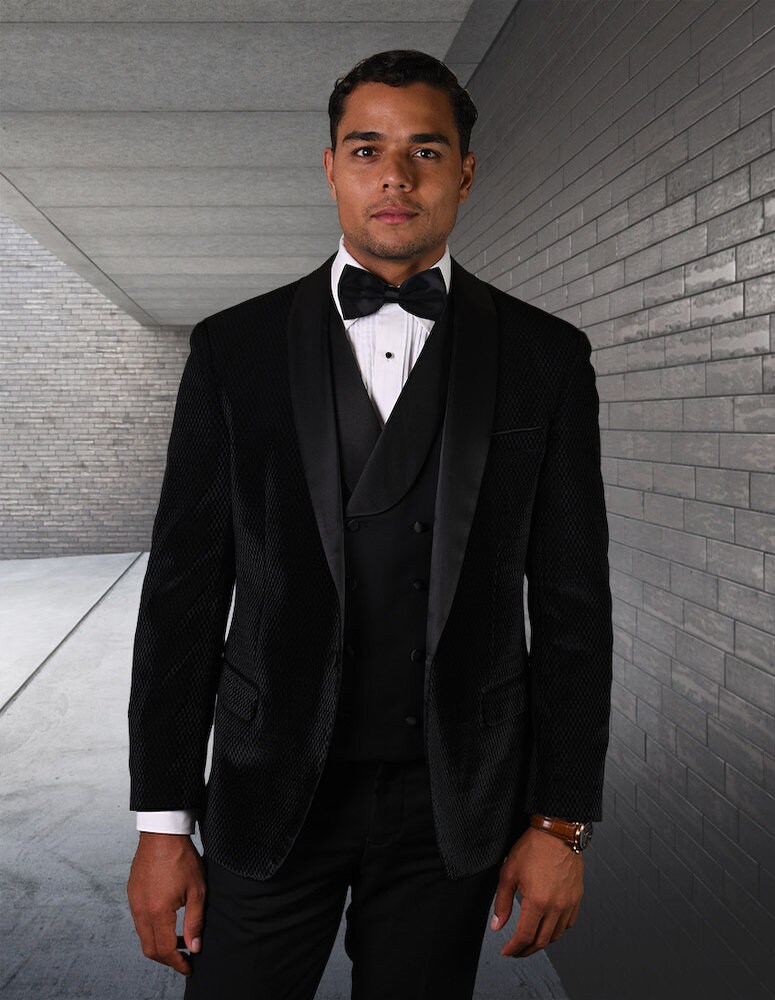 1 Button Black Velvet Tuxedo With Shawl Lapel Pants & Vest Including Tailored Fit Bow Tie 3Pc Man Suit