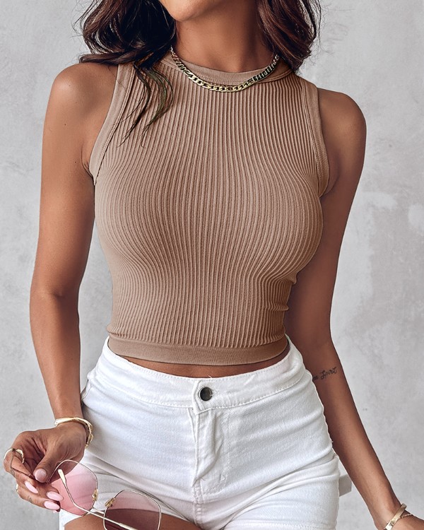 1-Pack Crew Neck Seamless Rib-Knit Crop Tank Top