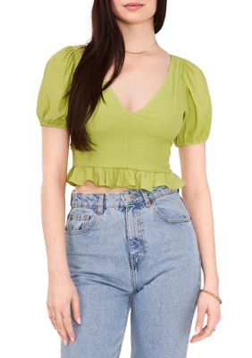 1.State Women's Short Sleeve V-Neck Cropped Peplum Top, 0