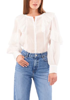 1.State Women's Wide Ruffle Neck Blouse, Ivory, Small