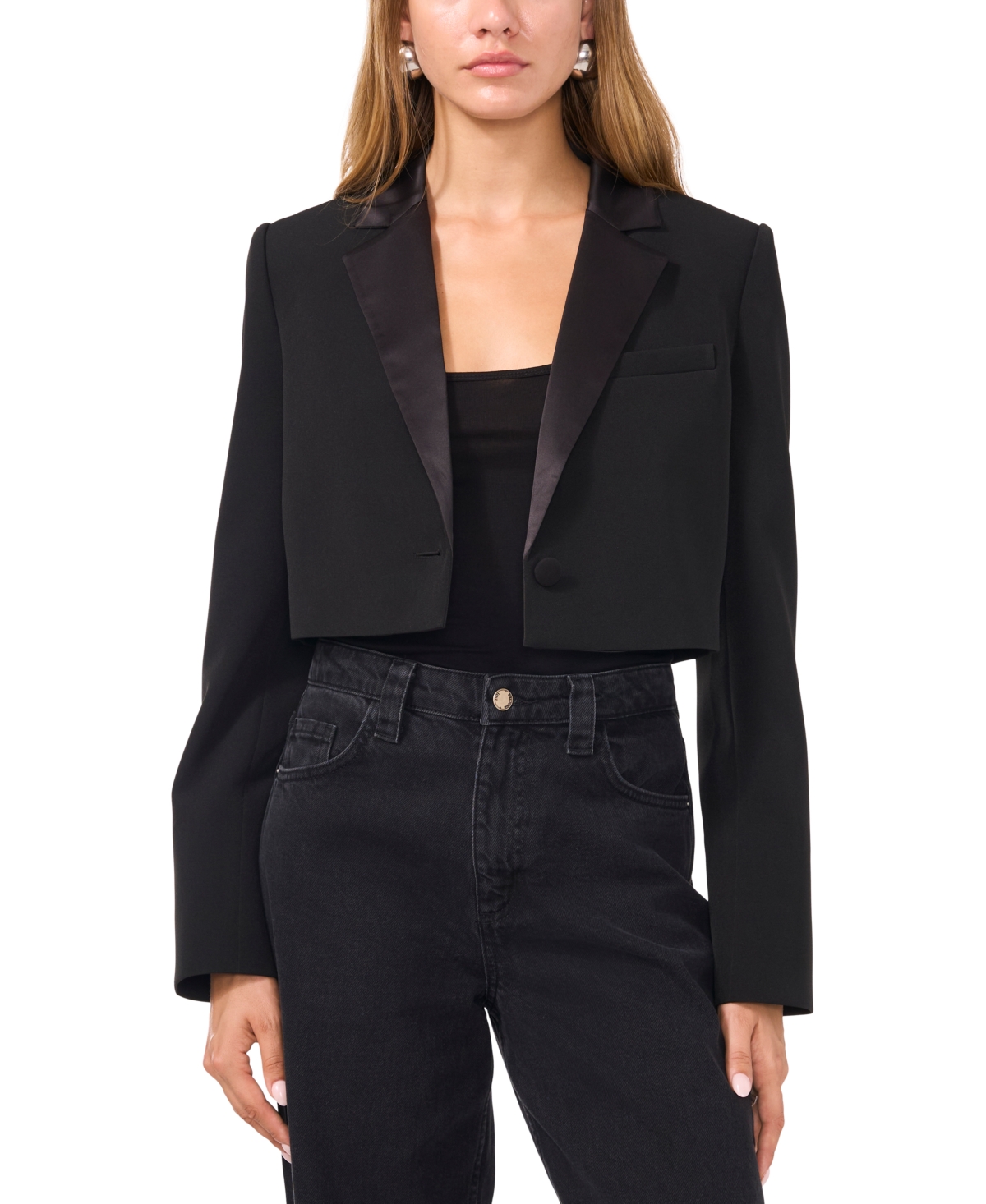 1.state Women's Cropped Satin Lapel Single-Button Blazer - Rich Black