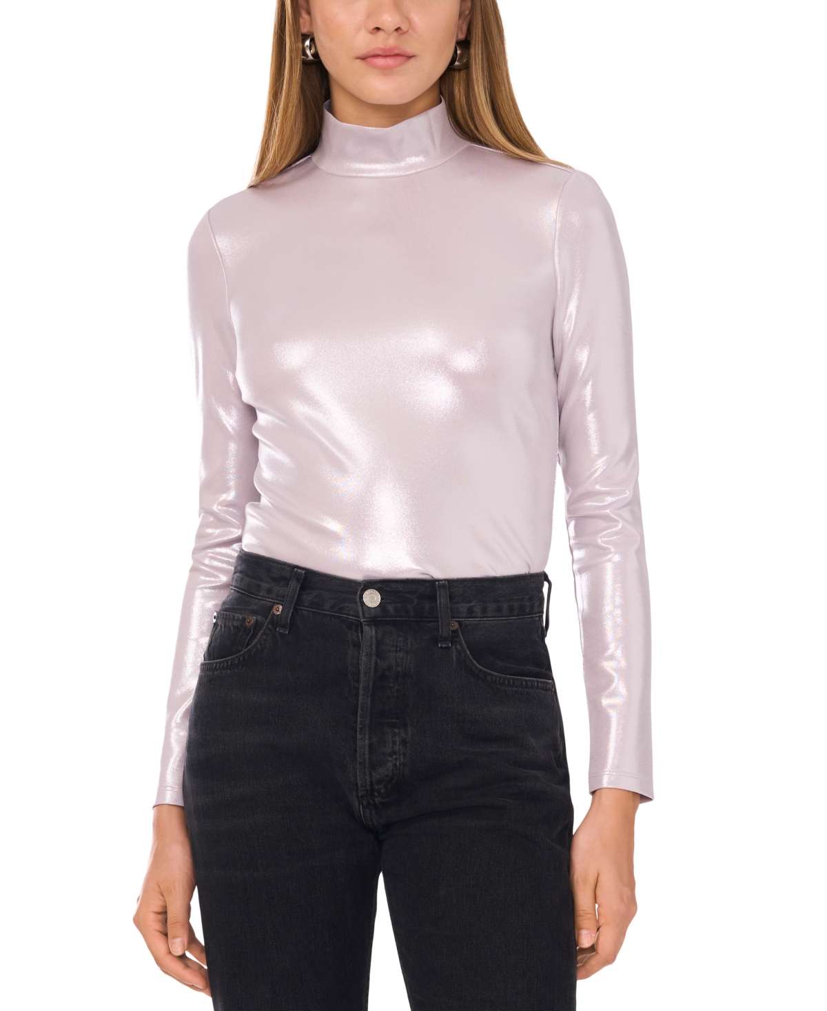 1.state Women's High-Neck Long-Sleeve Metallic Top - Platinum