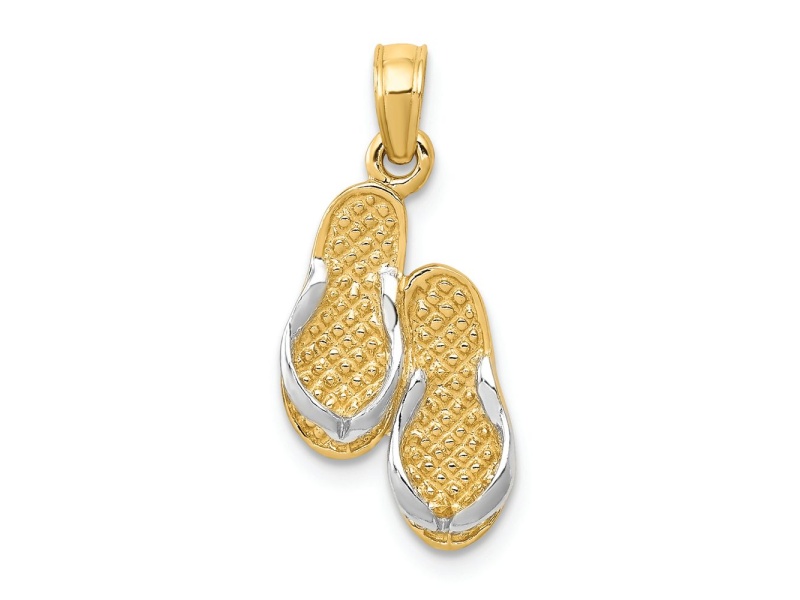 14K Two-tone Gold 3D Solid Polished and Textured Sandals Pendant