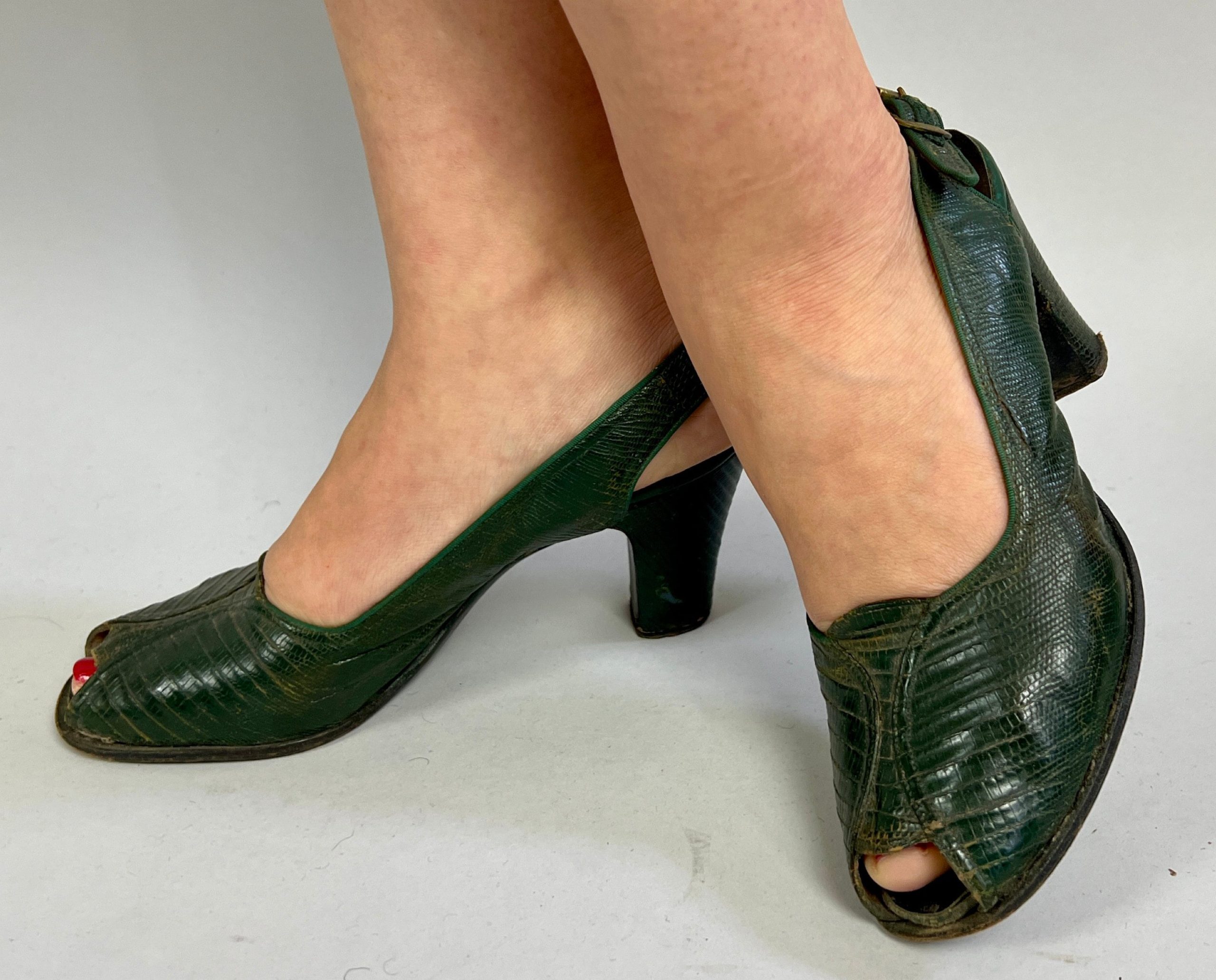 1940S Green With Envy Shoes | Vintage 40S Reptile Lizard Leather Buckle Slingback Peeptoe High Heels Pumps Size Us 7