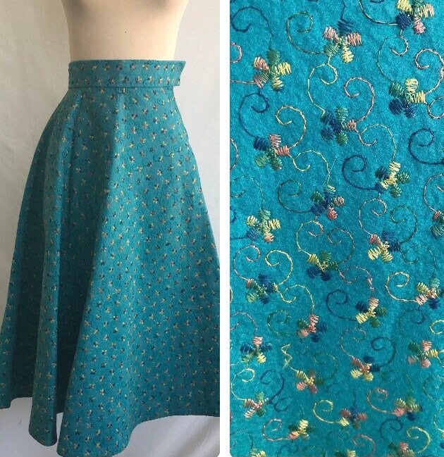 1950S Floral Embroidered Wool Felt Skirt - Half Circle Rockabilly High Waisted Multi Colored