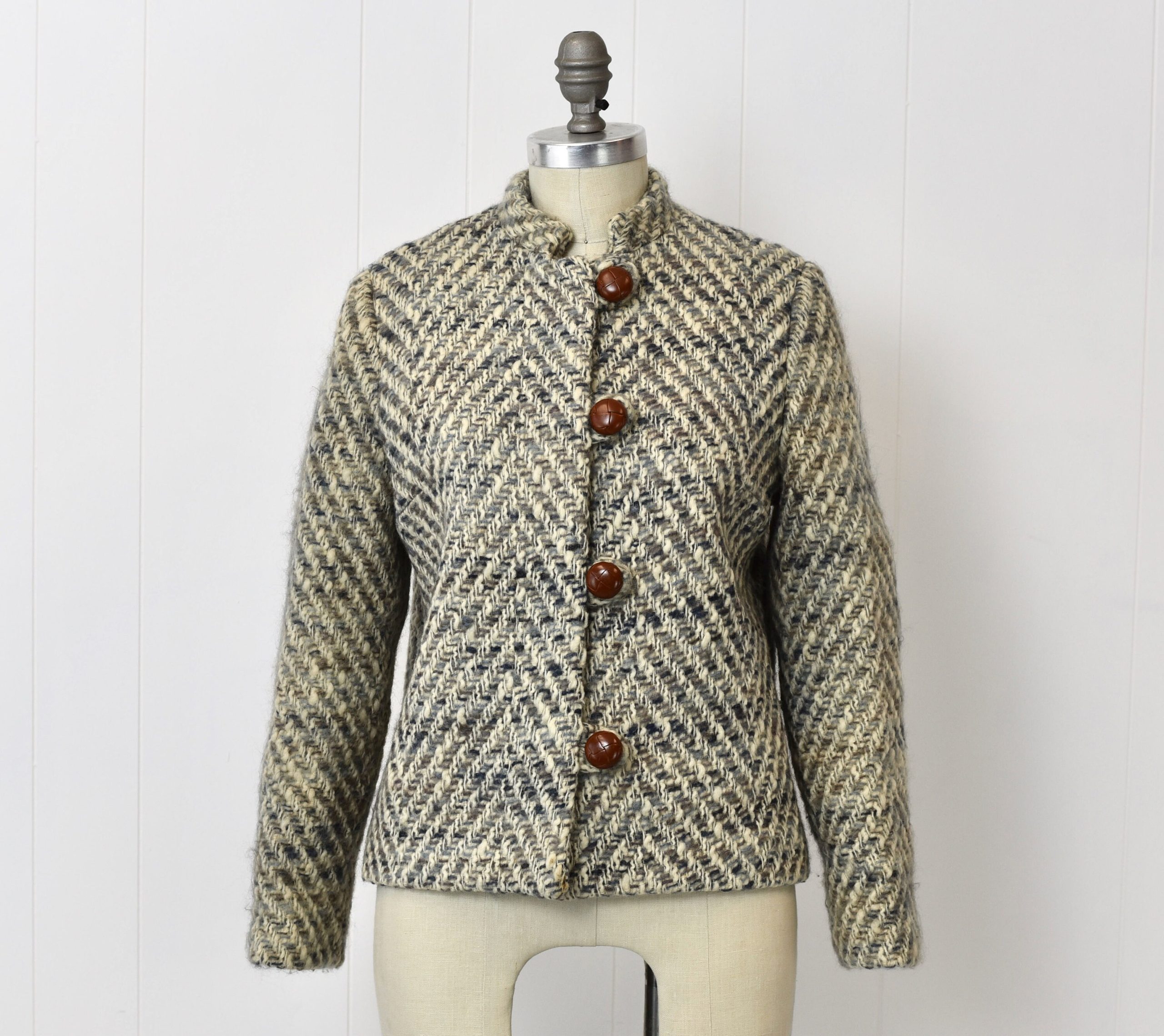 1960S Cropped Chevron Blue Cream Wool Jacket Coat With Leather Buttons