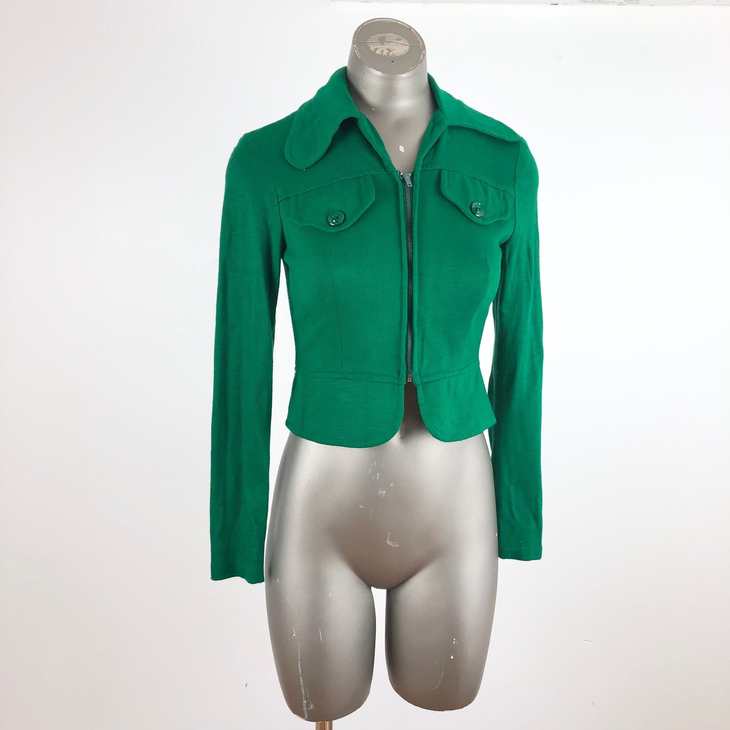 1960S Mindy Malone Green Knit Zip Peplum Top S