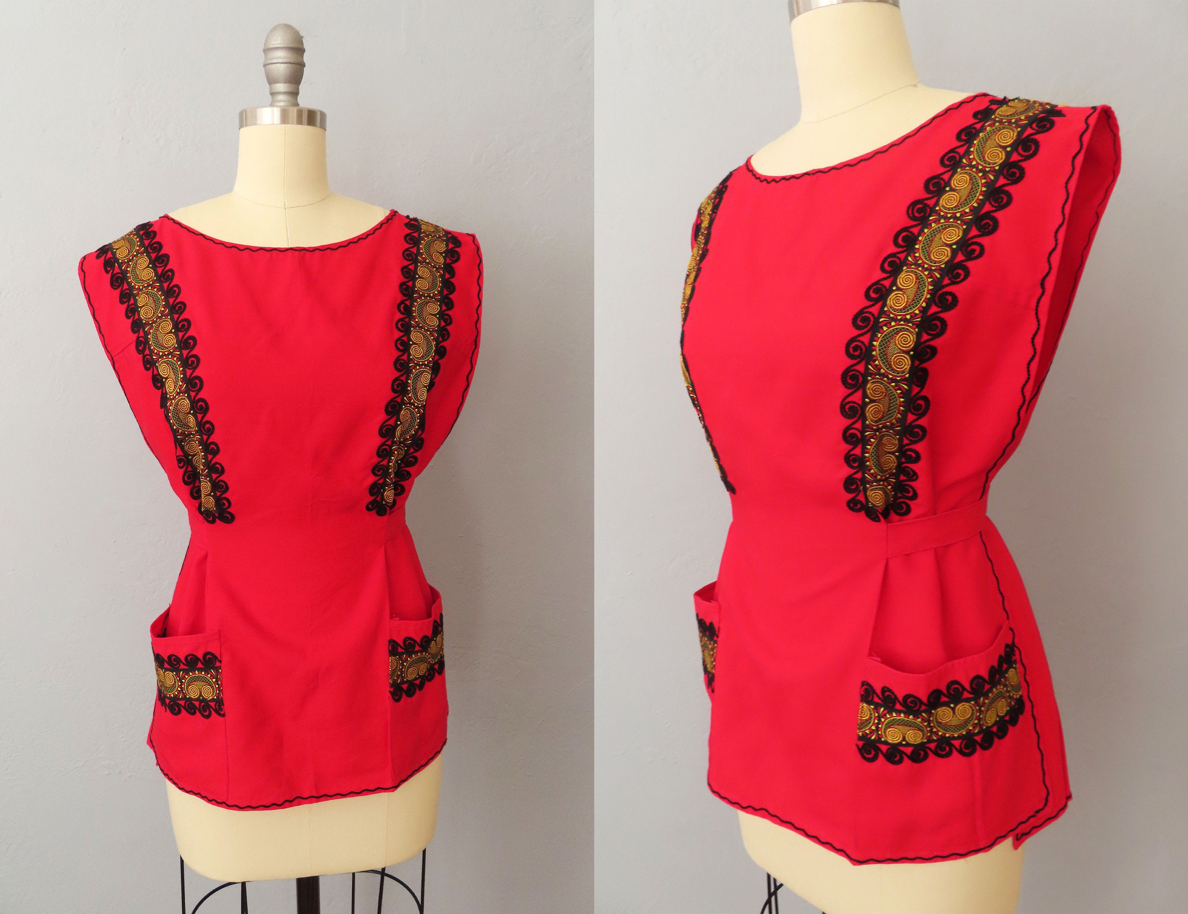 1960S Red Embroidered Smock Top Apron | Mediumn Large With Pockets Linen Tunics