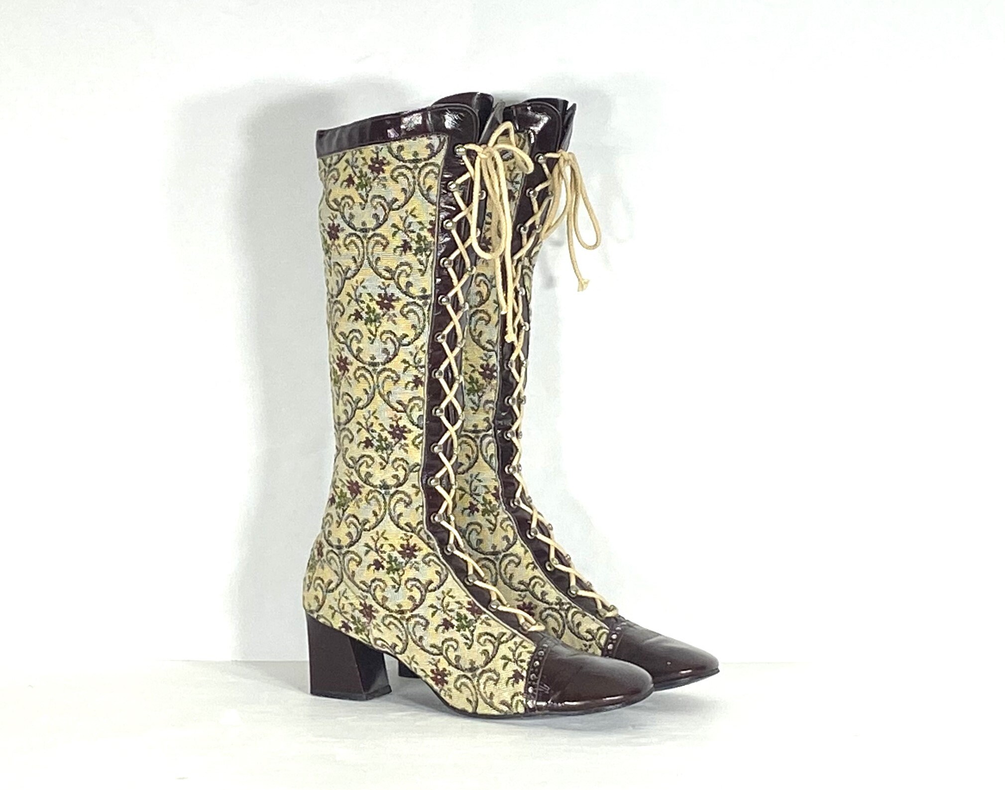 1960S Tapestry Lace Up Boots - Size 8 Almost Famous Embroidered Lace-Up Hippie