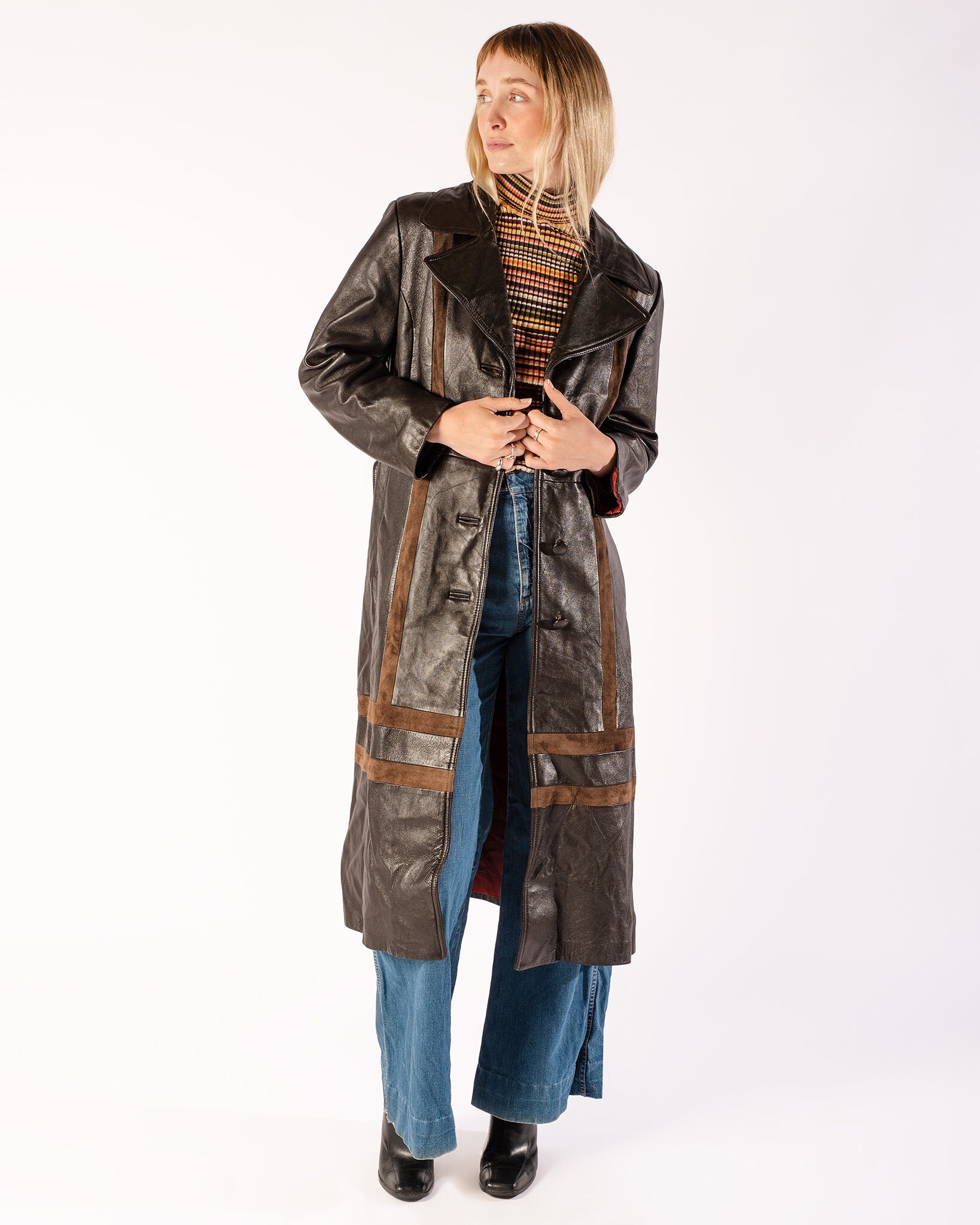 1970S Brown Leather & Suede Panelled Trench Coat With Belt