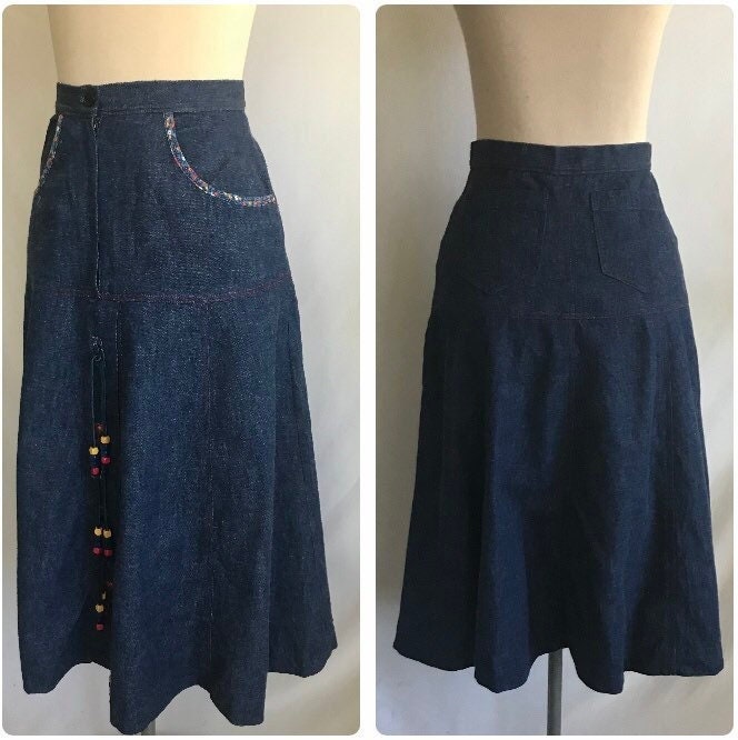 1970S Denim Calico & Beaded A-Line Skirt With Pockets - Boho Style Prairie