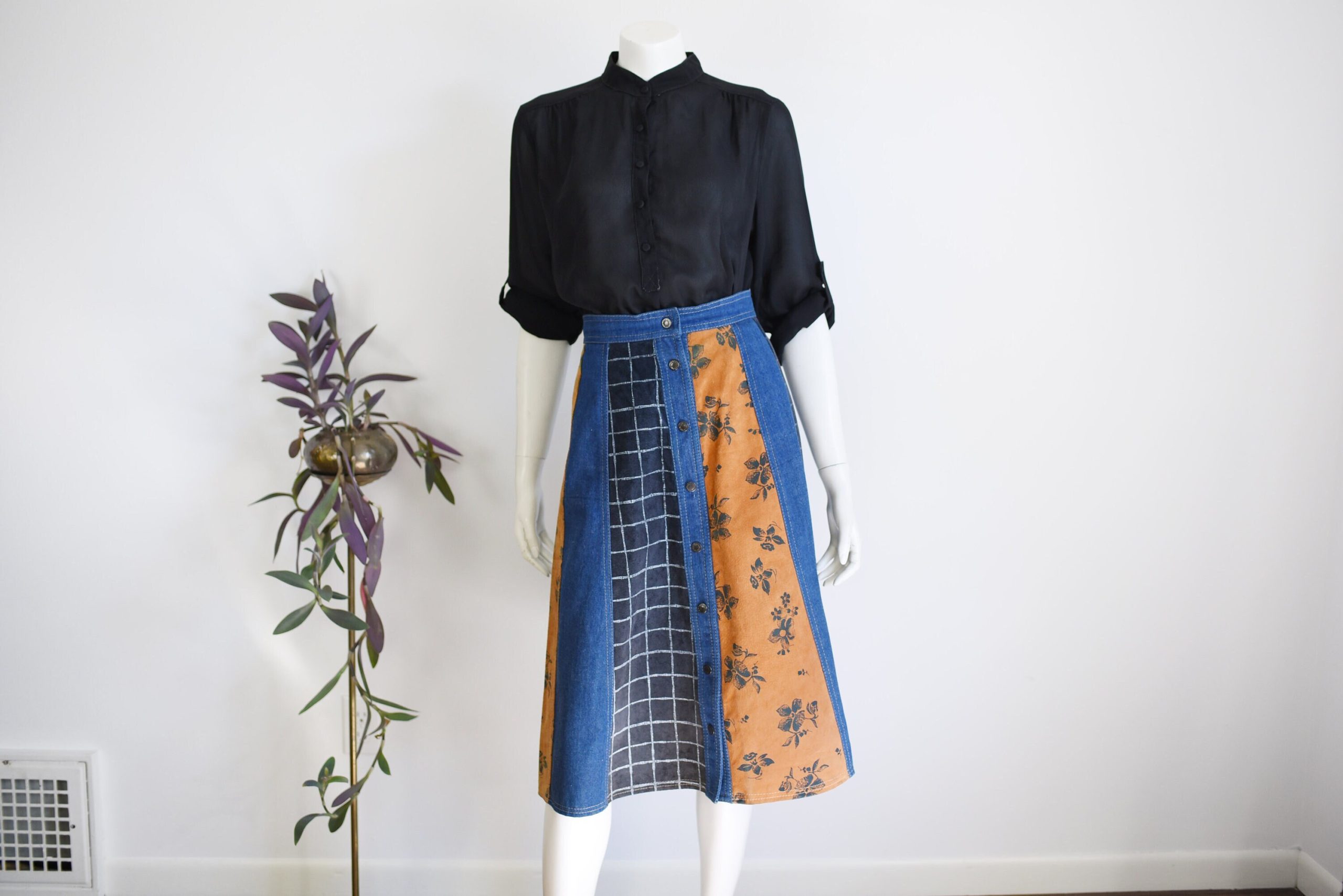 1970S Denim & Leather Skirt - S