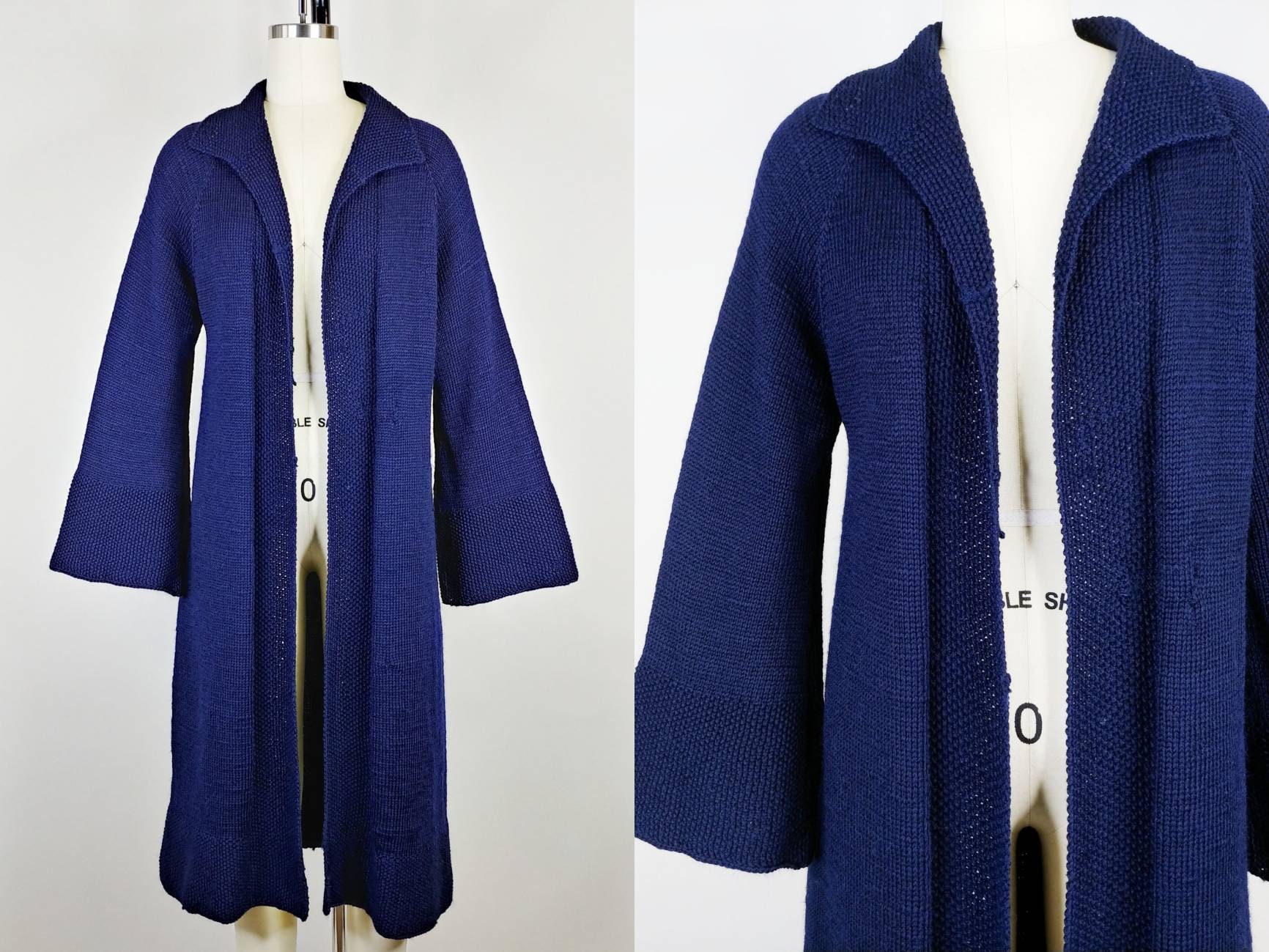 1970S Hand Knit Duster | Vintage 70S Navy Blue Wool Sweater Coat Women's Clothing Outerwear Small