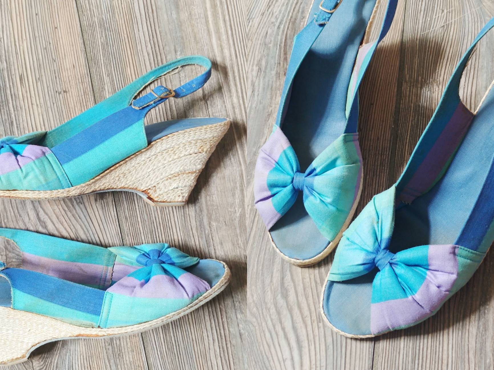 1970S Pastel Rainbow Stripe Peepetoe Slingbacks | Vintage 70S Blue Purple Green Espadrille Wedges Women's Shoes 9