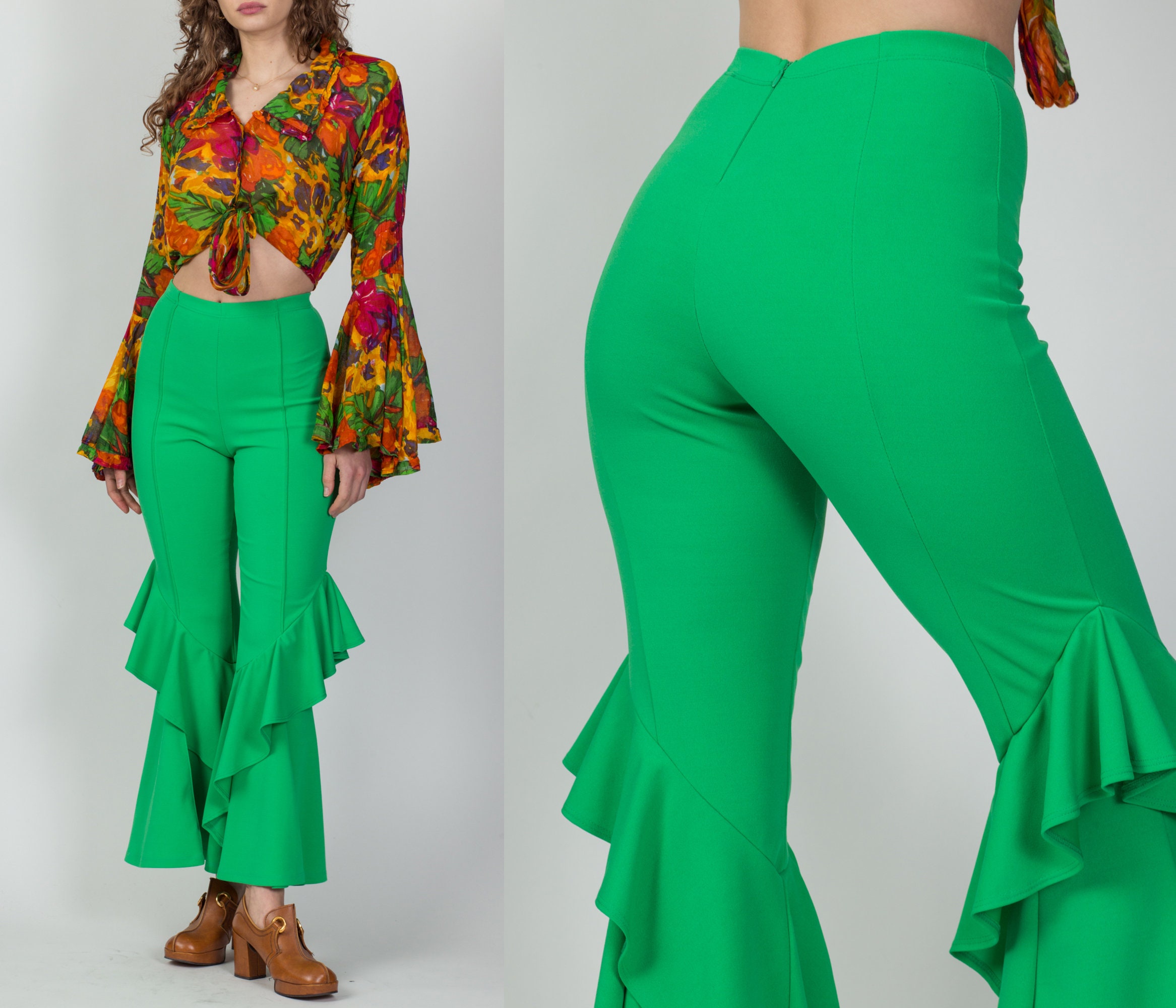 1970S Style Frog Green Hippie Bell Bottoms Small | Vintage 90S Does 70S Ruffled High Waisted Retro Flared Disco Costume Pants