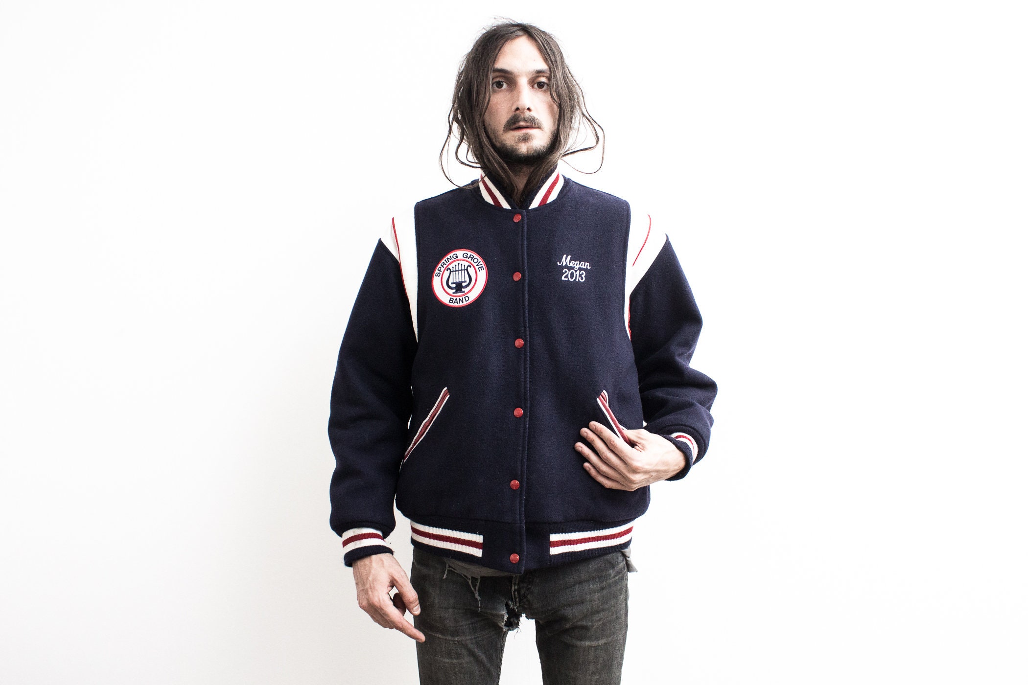 1970S Varsity Jacket . Blue Baseball College USA Retro Teddy Wool Bomber