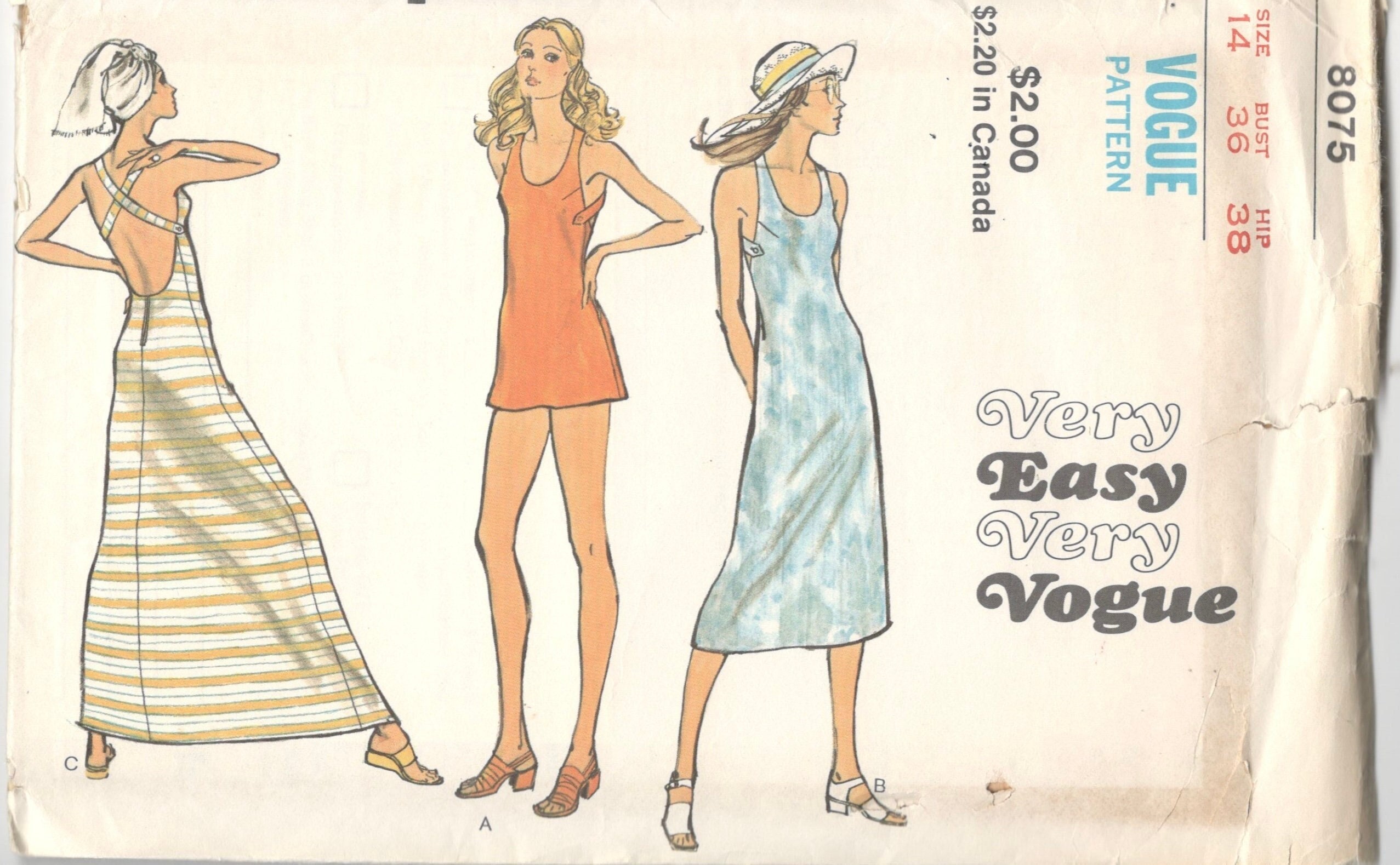 1970S Vogue 8075 Very Easy Misses U Neck Halter Dress Pattern Criss Cross Back 3 Lengths Womens Vintage Sewing Size 14 Bust 36 Uncut