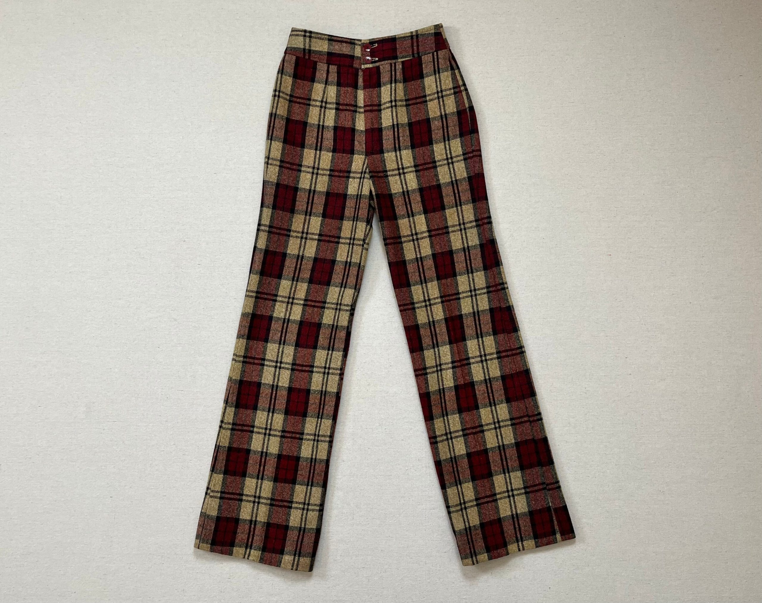 1970's, Wool, High Waist, Bootcut Pants in Beige, Burgundy & Black Plaid