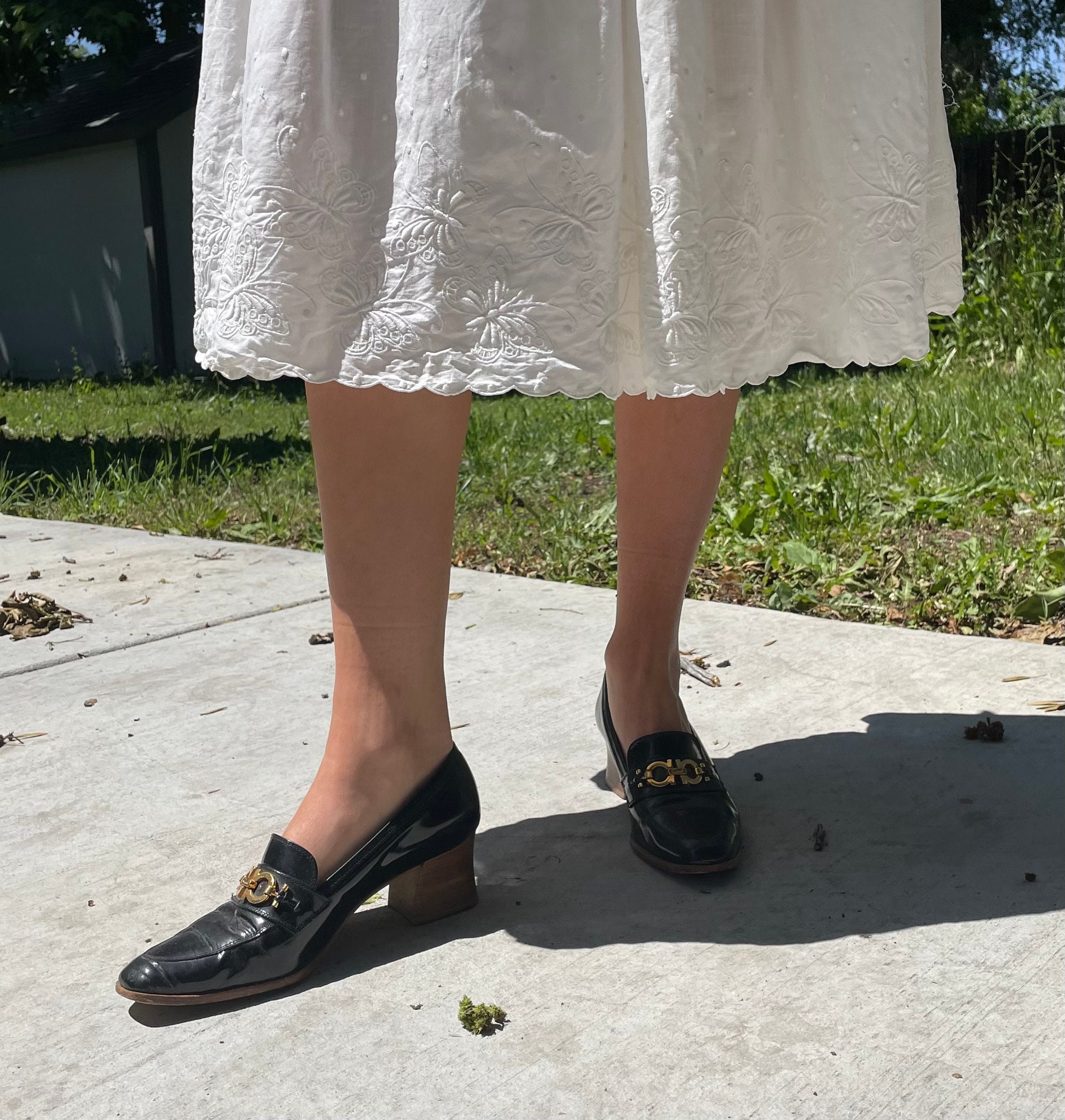 1980S Black Patent Leather Loafers With Wood Stacked Heel & Gold Buckle Size 35