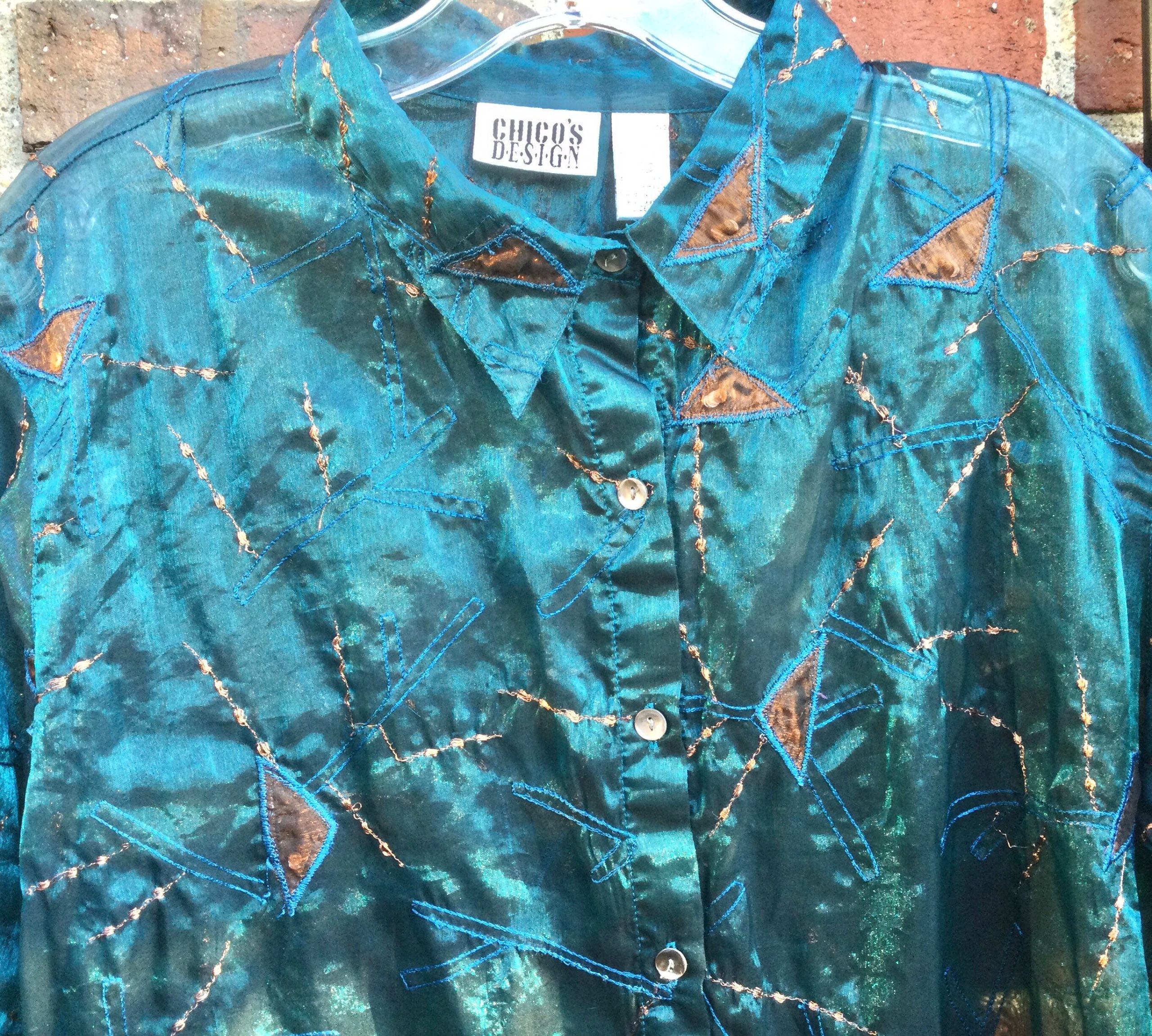 1980S Blue Metallic Blouse-Shirt-Top/Chicos Design/Polyester/Button Up/Embroidered/Copper-Sequins/Long-Sleeve/Woman's 2 | Chest 46" Vintage