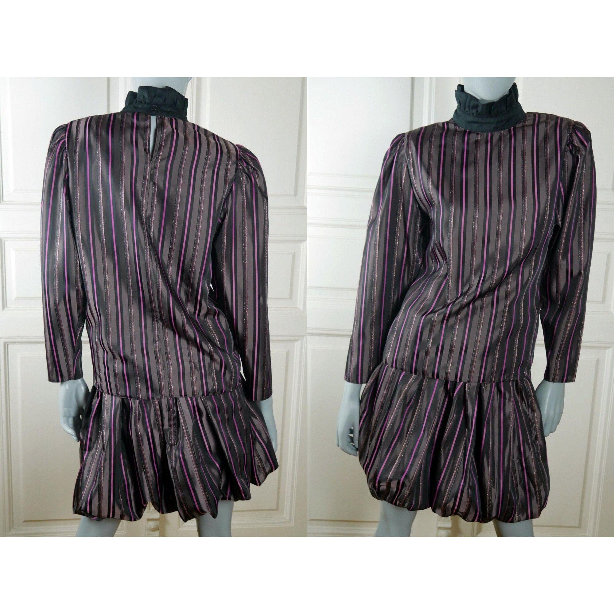 1980S Dress Set, Size Small 6 Usa, Black Purple Pink Striped European Vintage Tulip Skirt & Blouse Combo