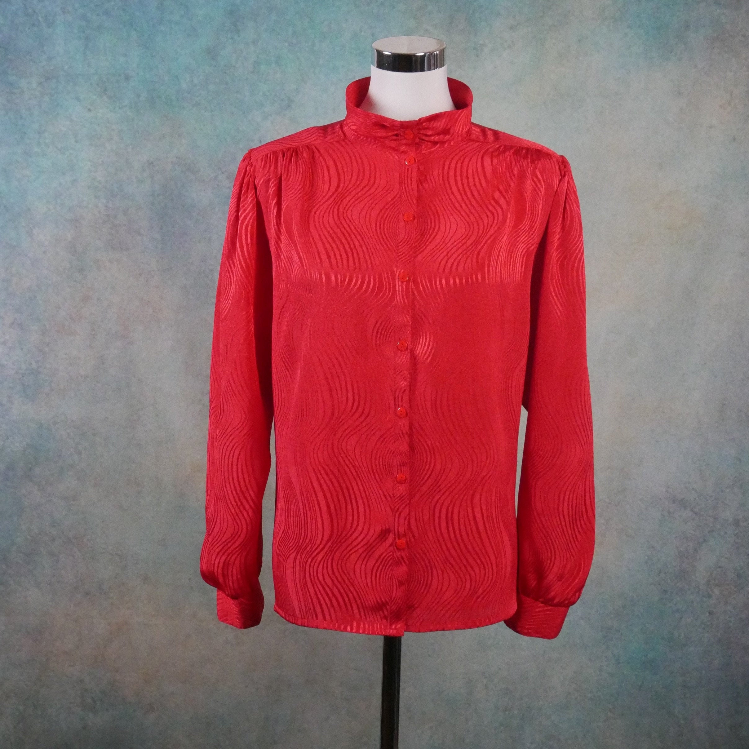 1980S Red Blouse, Extra Large, Size 16 To 18 Usa, Swedish Vintage Long-Sleeve Satin Feel Lightweight Top