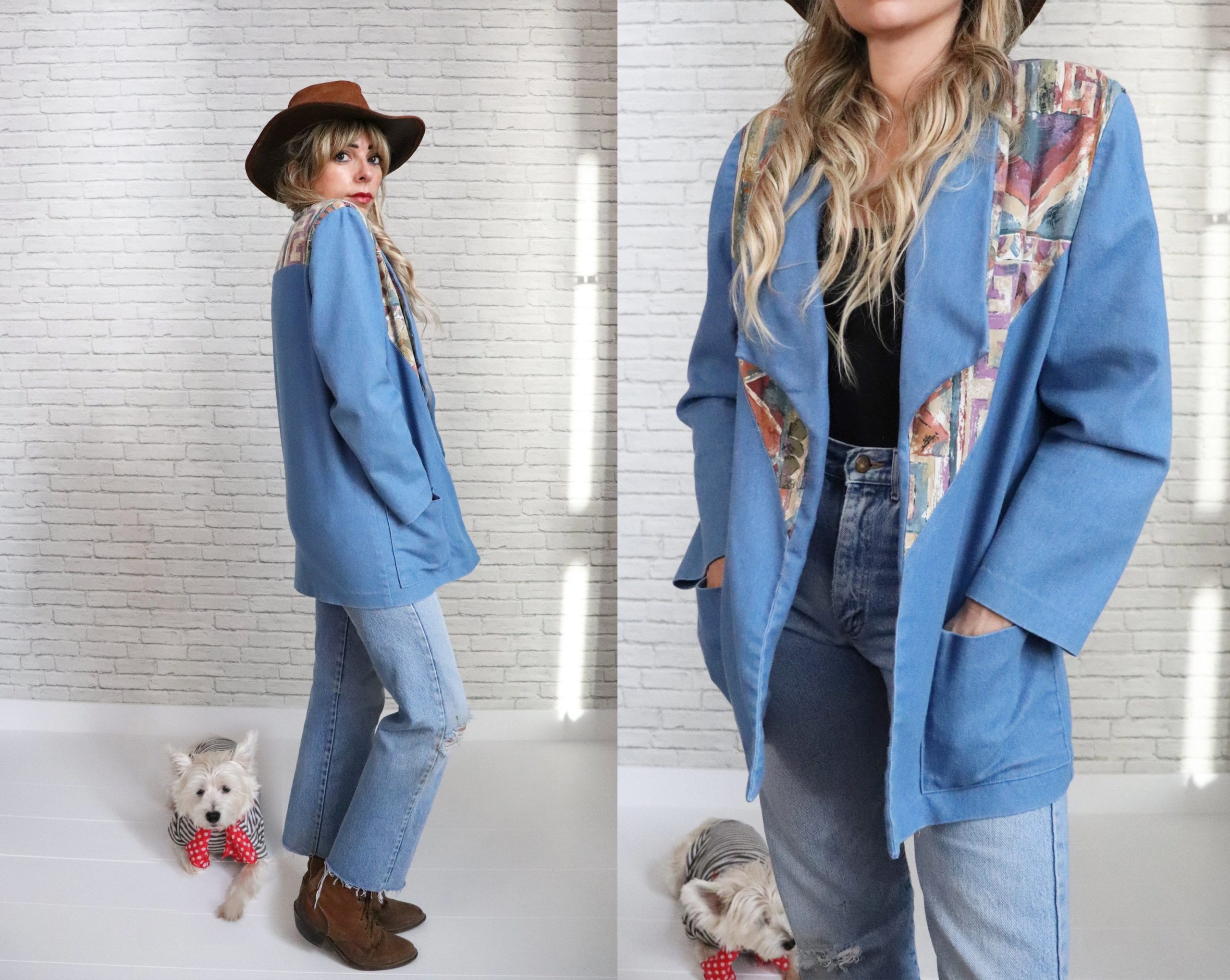 1980's Southwestern Blazer | Small To Medium Soft Blue Chambray Denim Open Front Boho Jacket Abstract Pastel Southwest Pattern Handmade