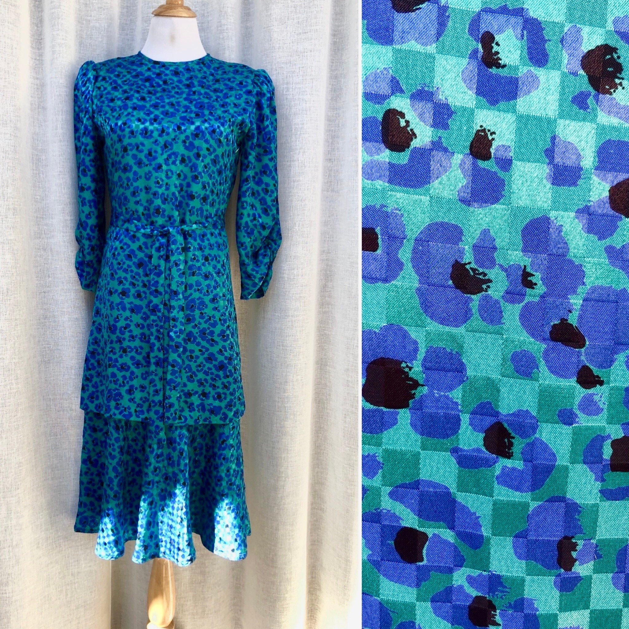 1980's Umba For Parnes Feinstein Turquois Blue & Black Flower Pattern 3/4 Sleeve Dress, Tiered Skirt