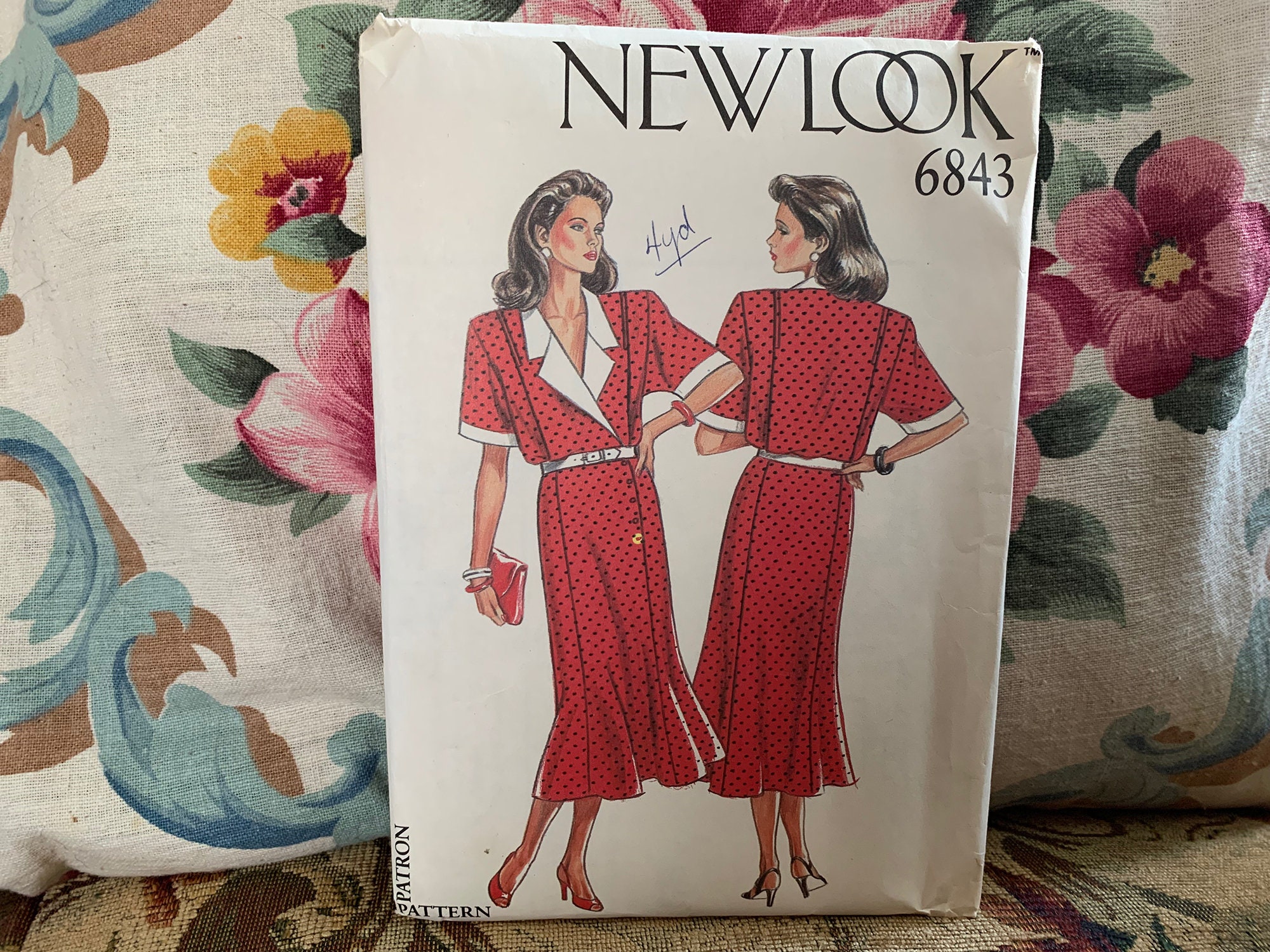 1990S Dress Pattern // New Look 6843 > Szs 8-10-12-14-16-18 Unused Short Sleeves, Oversized Shoulder Pads, Notched Lapels, Mermaid Skirt